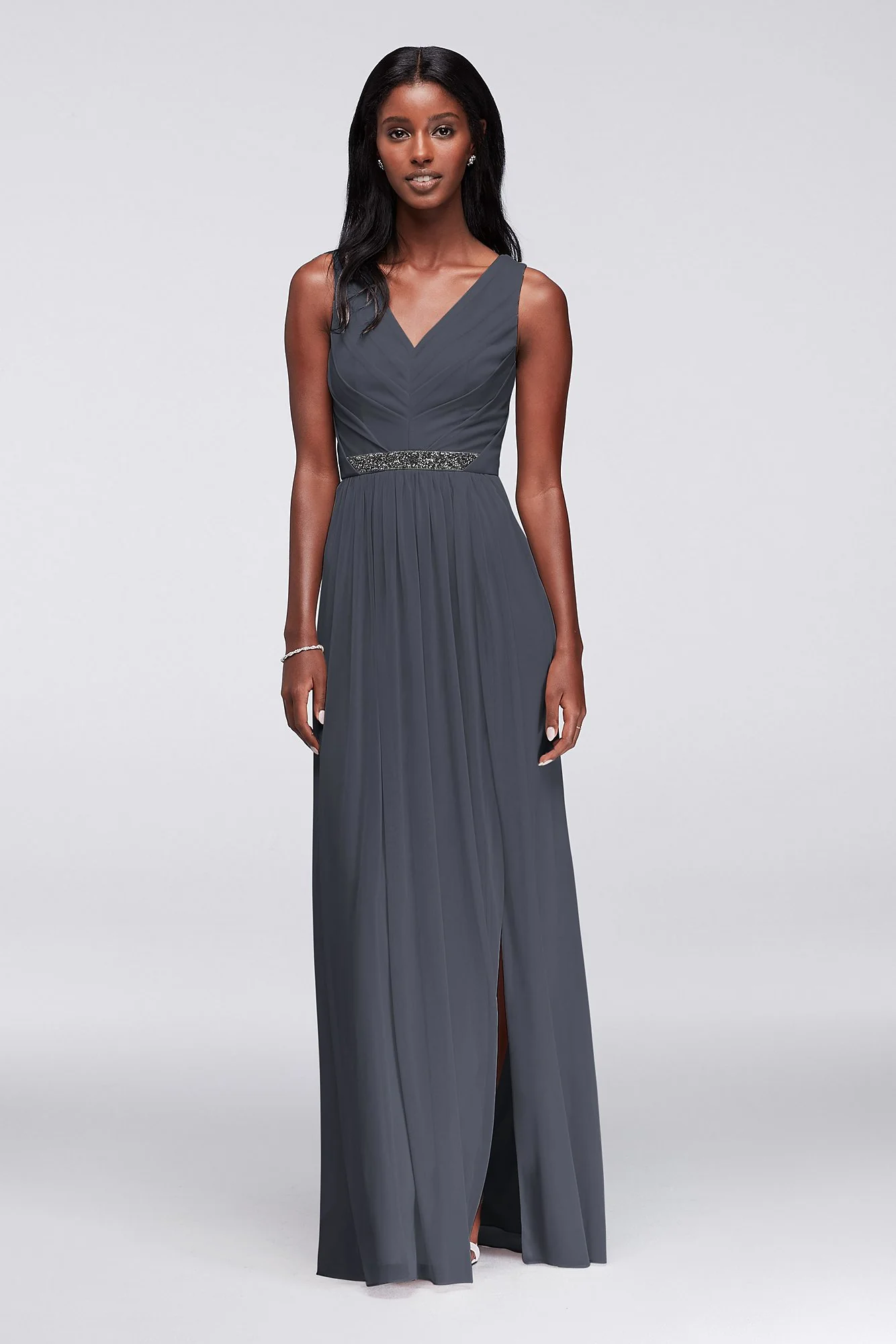 Long Mesh Dress with V-Neck and Beaded Waistband - Image 26