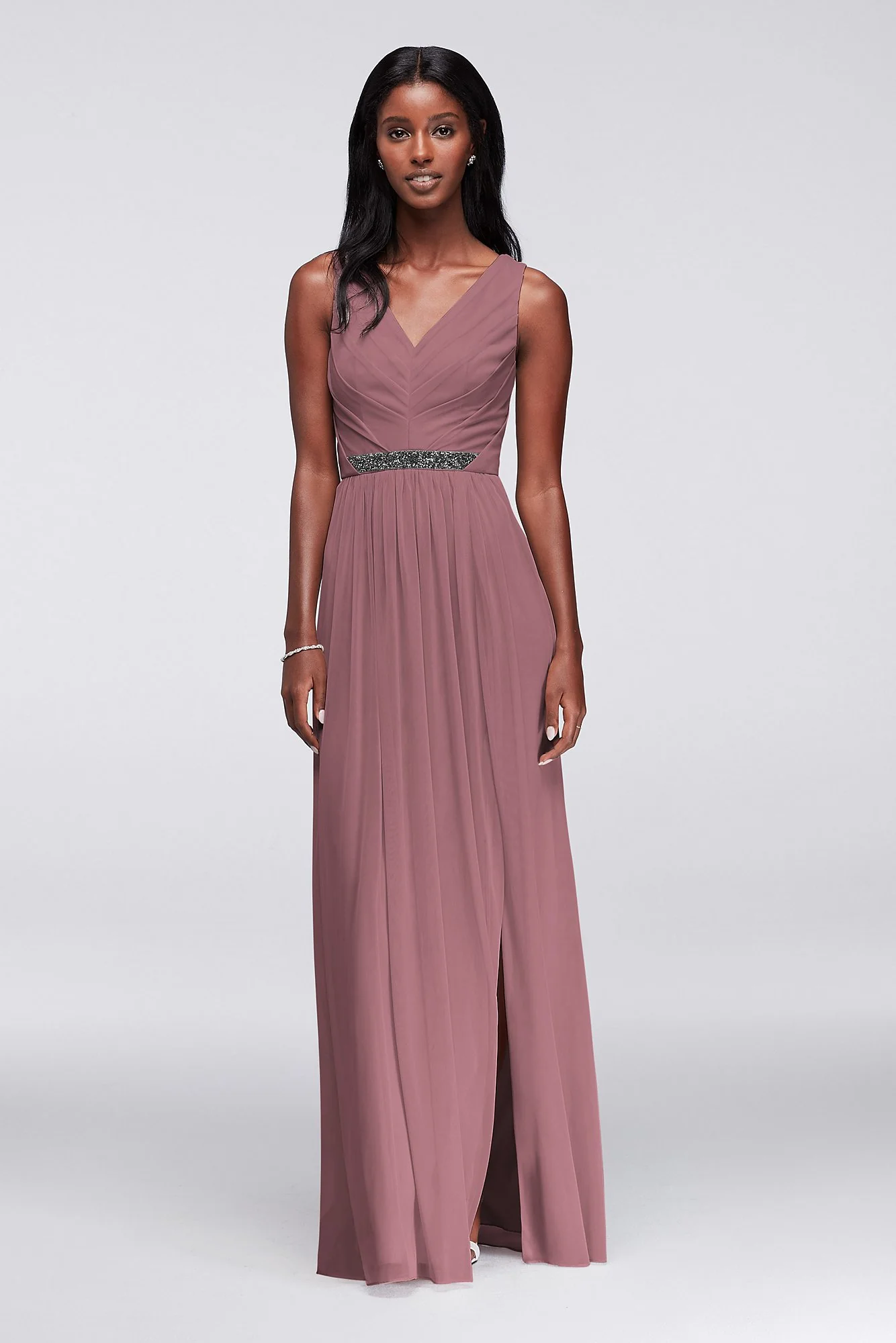 Long Mesh Dress with V-Neck and Beaded Waistband - Image 29