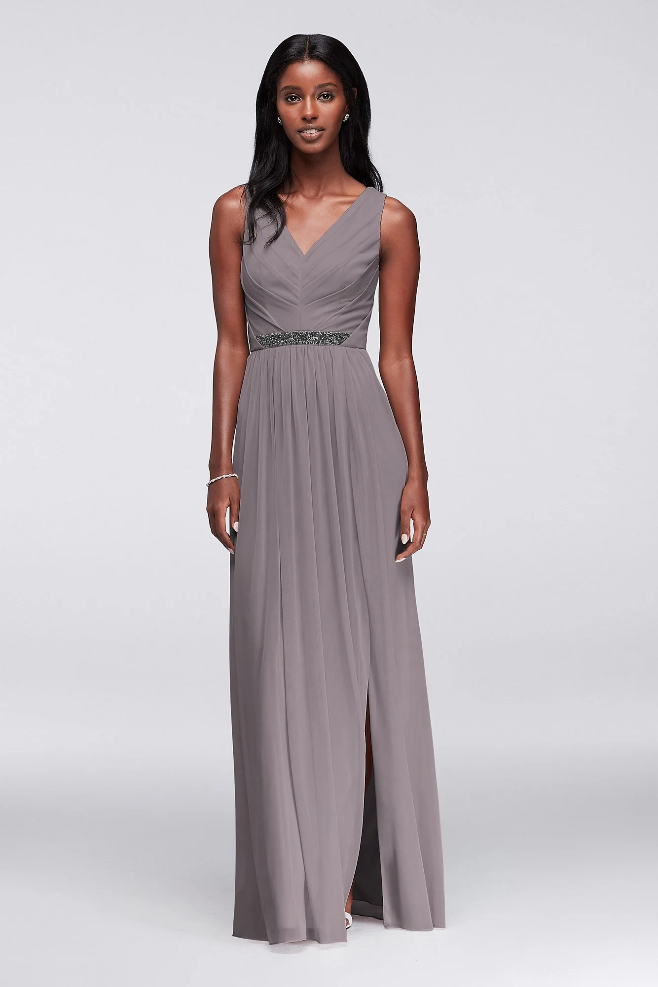 Long Mesh Dress with V-Neck and Beaded Waistband - Image 31