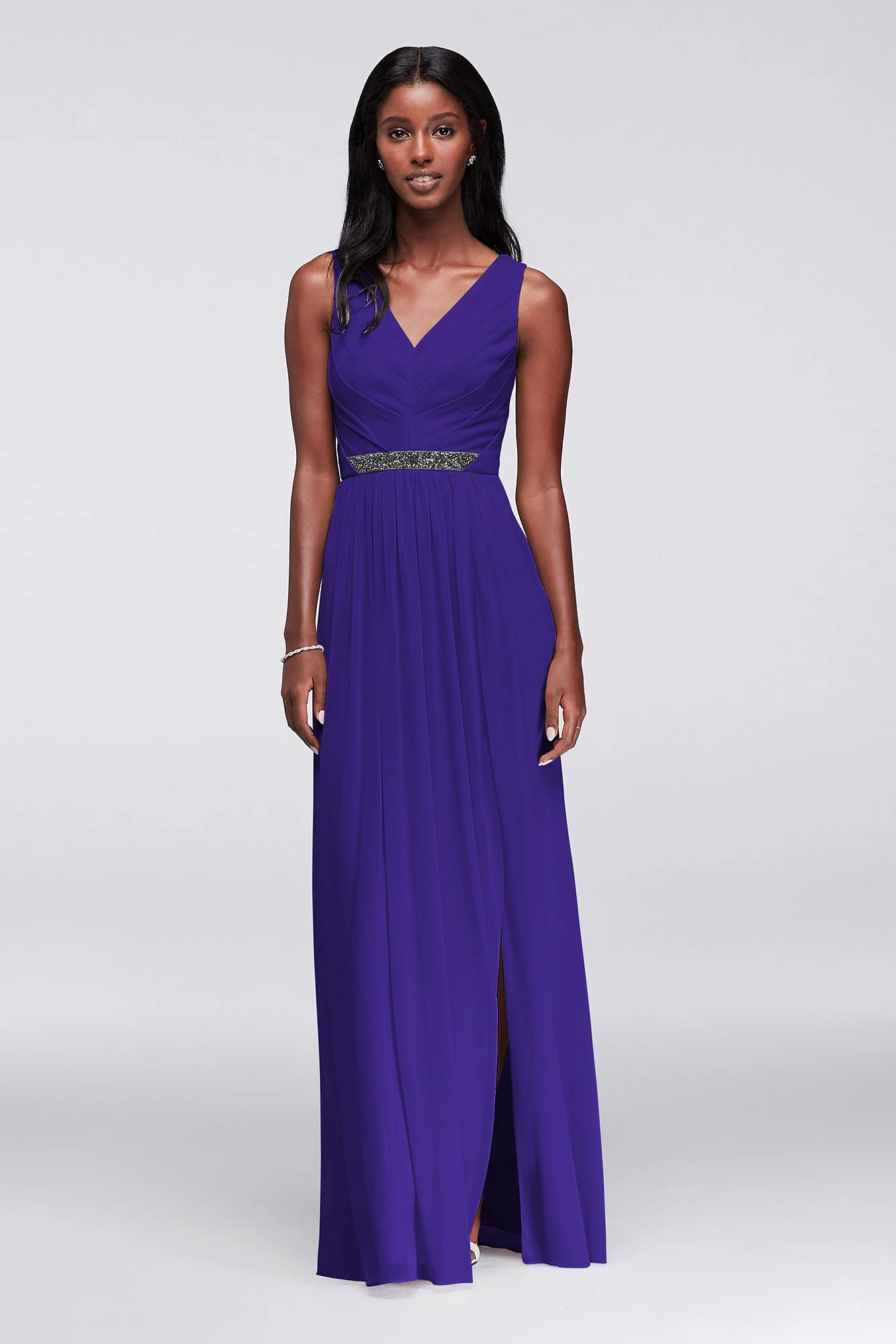 Long Mesh Dress with V-Neck and Beaded Waistband - Image 34