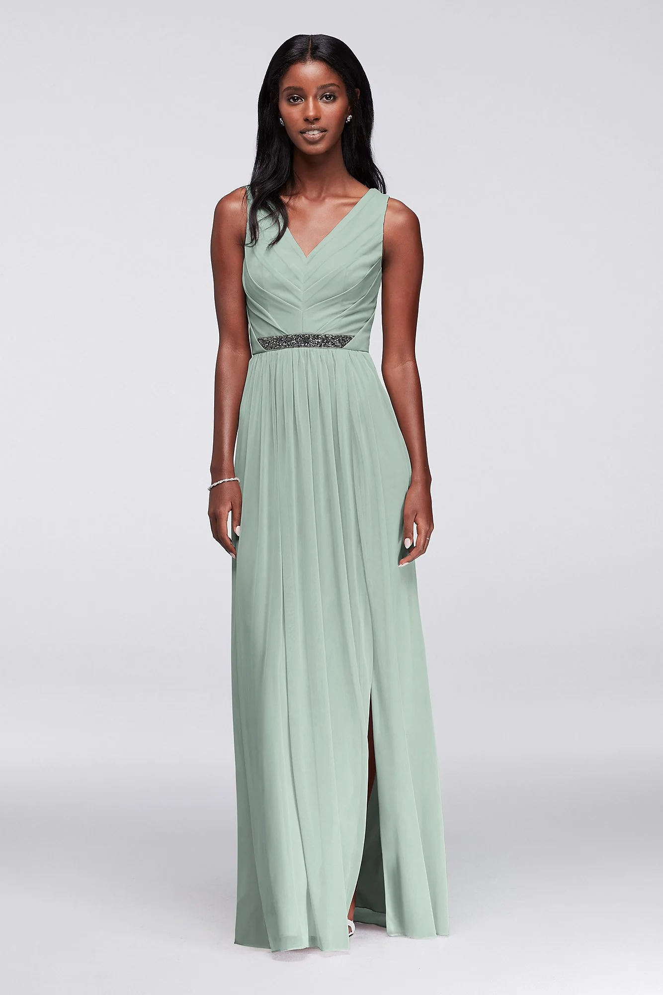 Long Mesh Dress with V-Neck and Beaded Waistband - Image 47