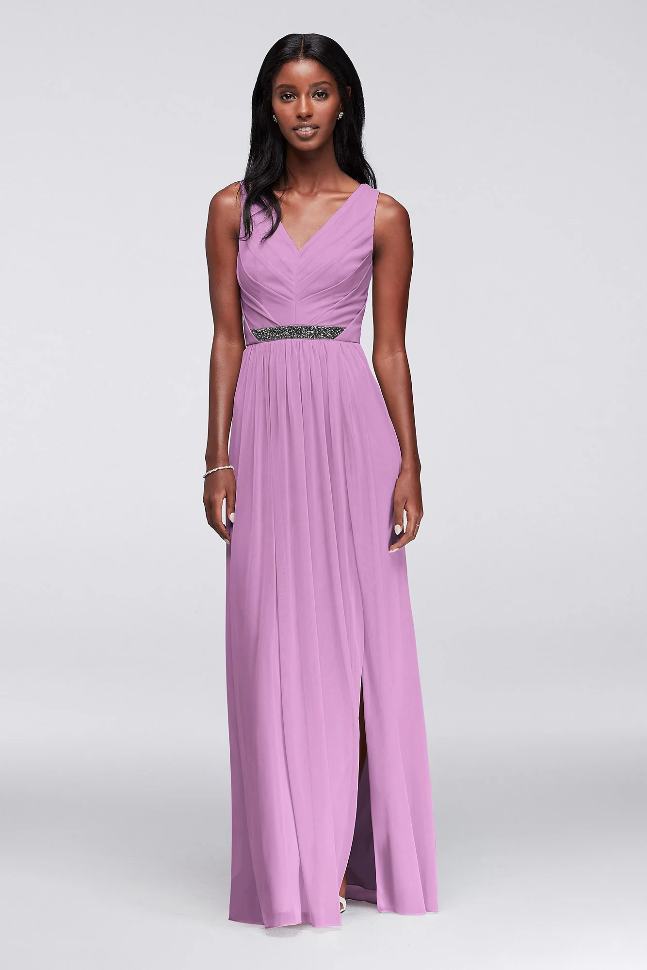 Long Mesh Dress with V-Neck and Beaded Waistband - Image 50