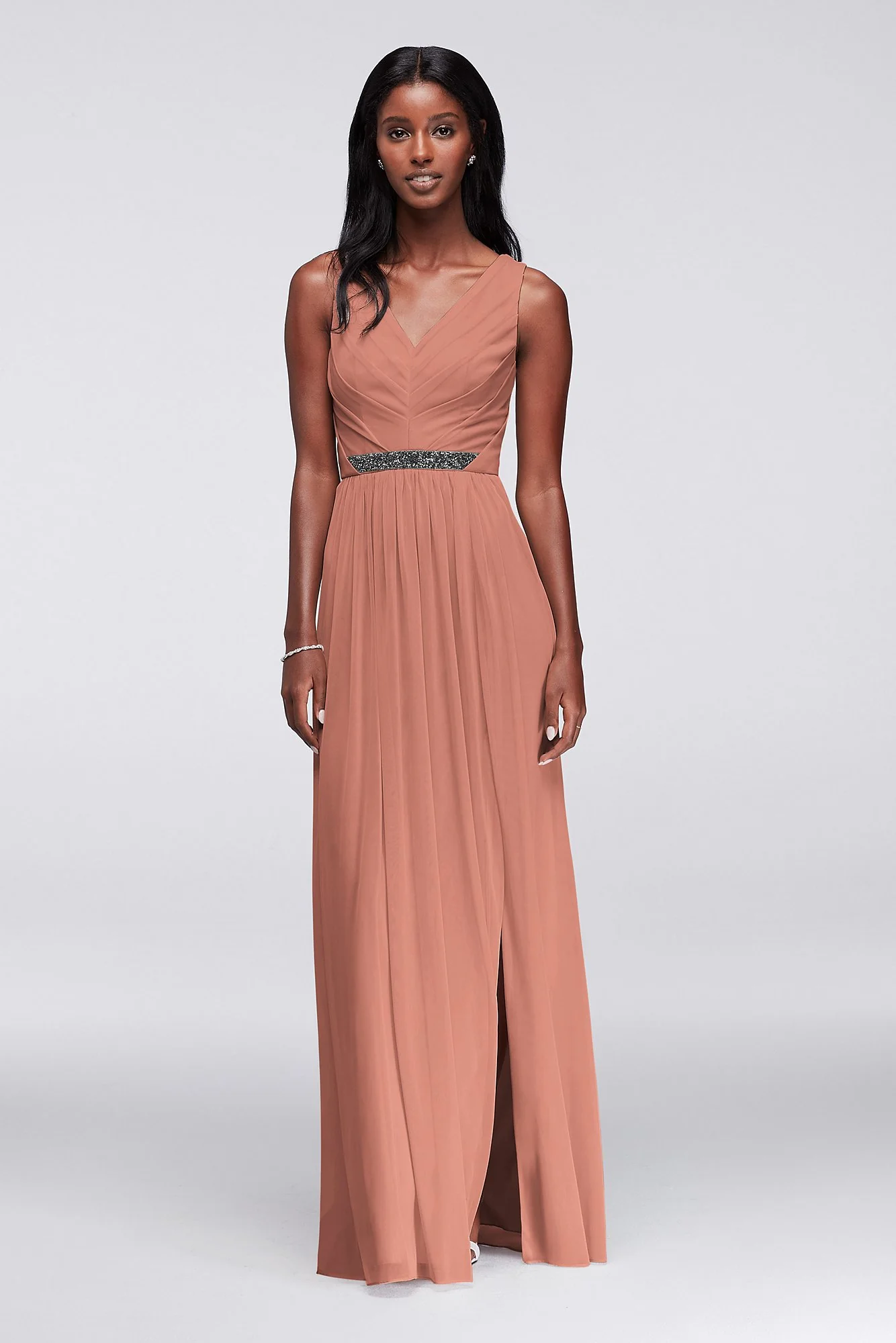 Long Mesh Dress with V-Neck and Beaded Waistband - Image 51