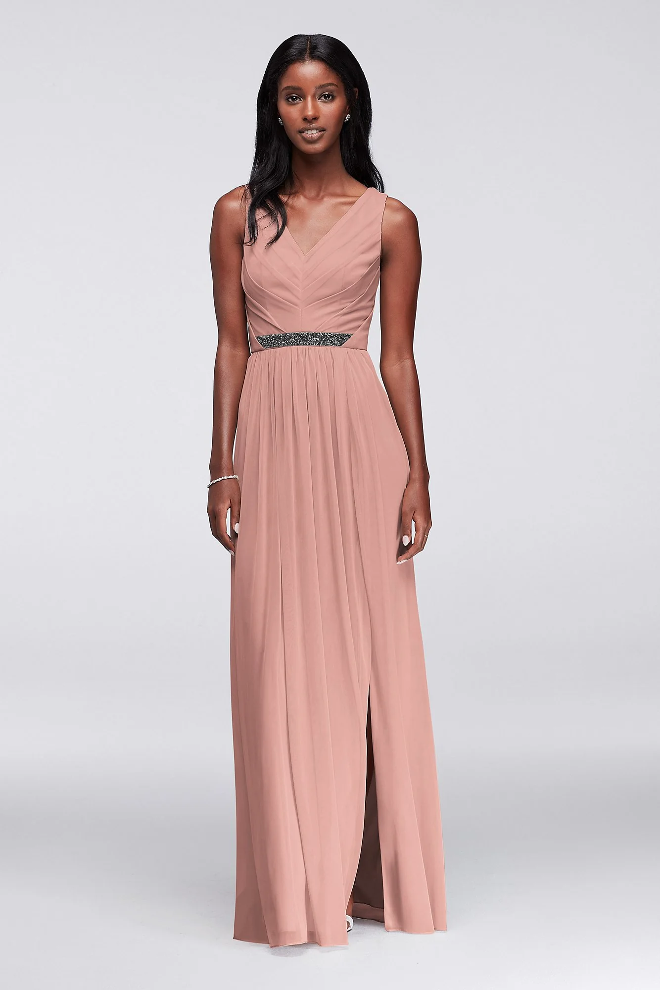 Long Mesh Dress with V-Neck and Beaded Waistband - Image 54