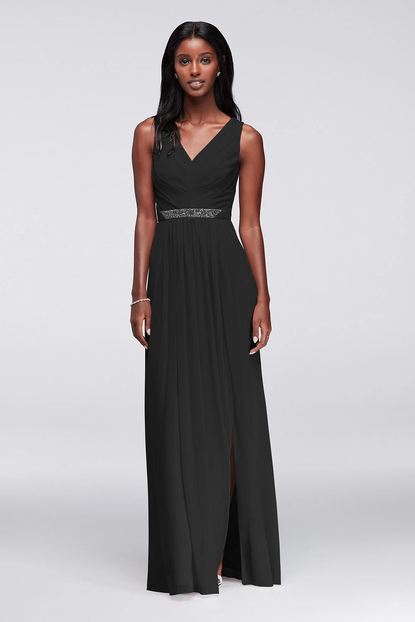Long Mesh Dress with V-Neck and Beaded Waistband - Image 58