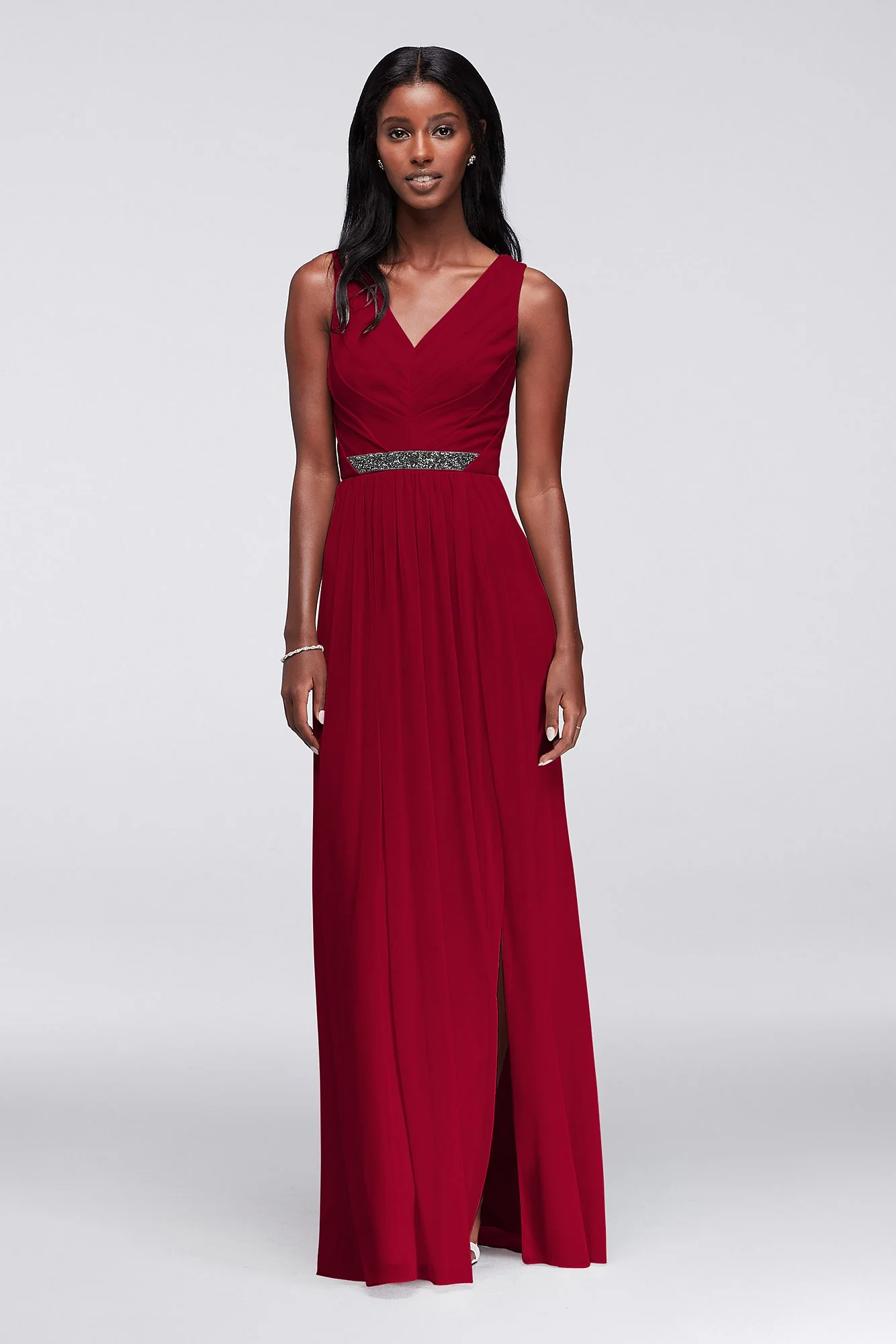 Long Mesh Dress with V-Neck and Beaded Waistband - Image 7