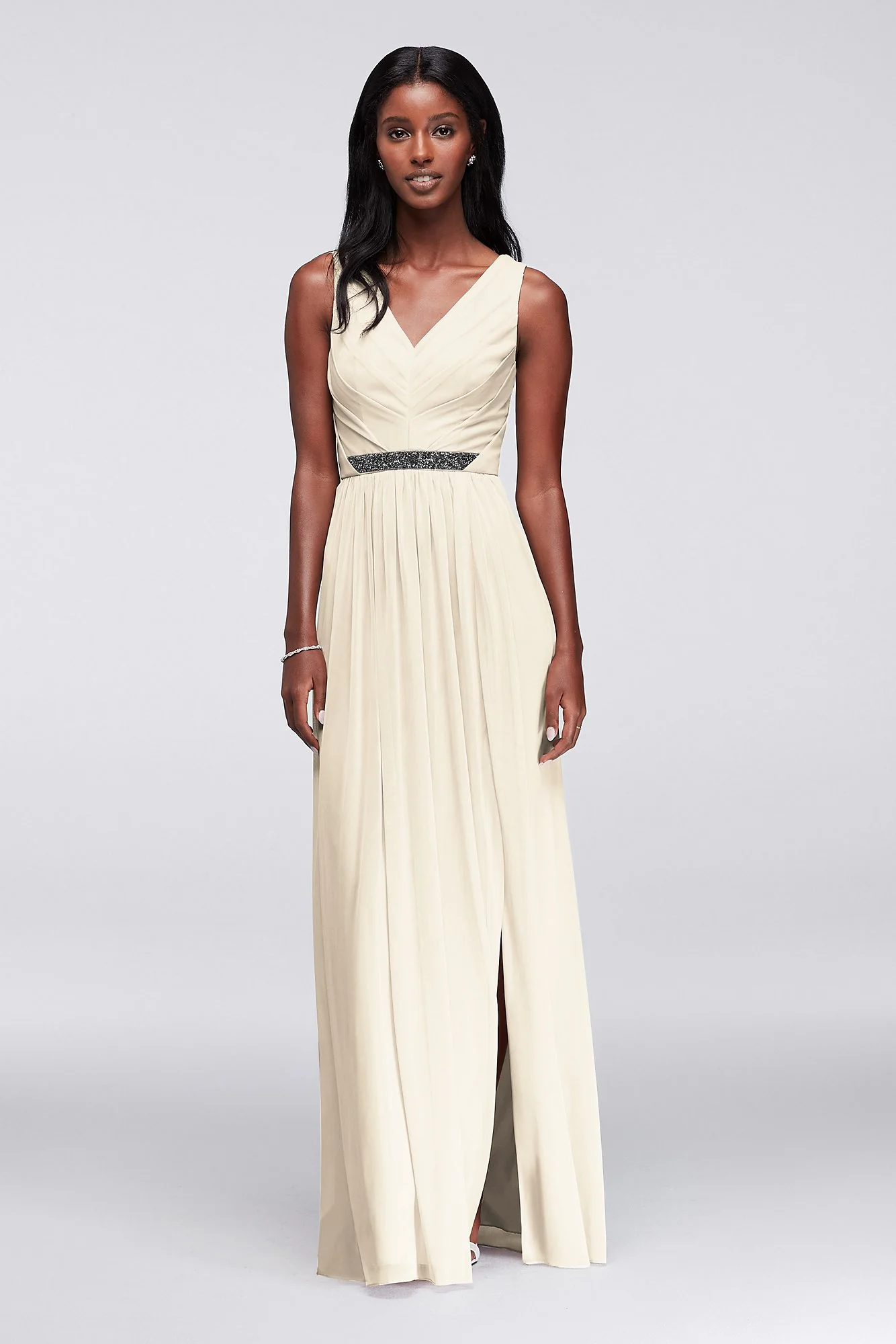 Long Mesh Dress with V-Neck and Beaded Waistband - Image 70