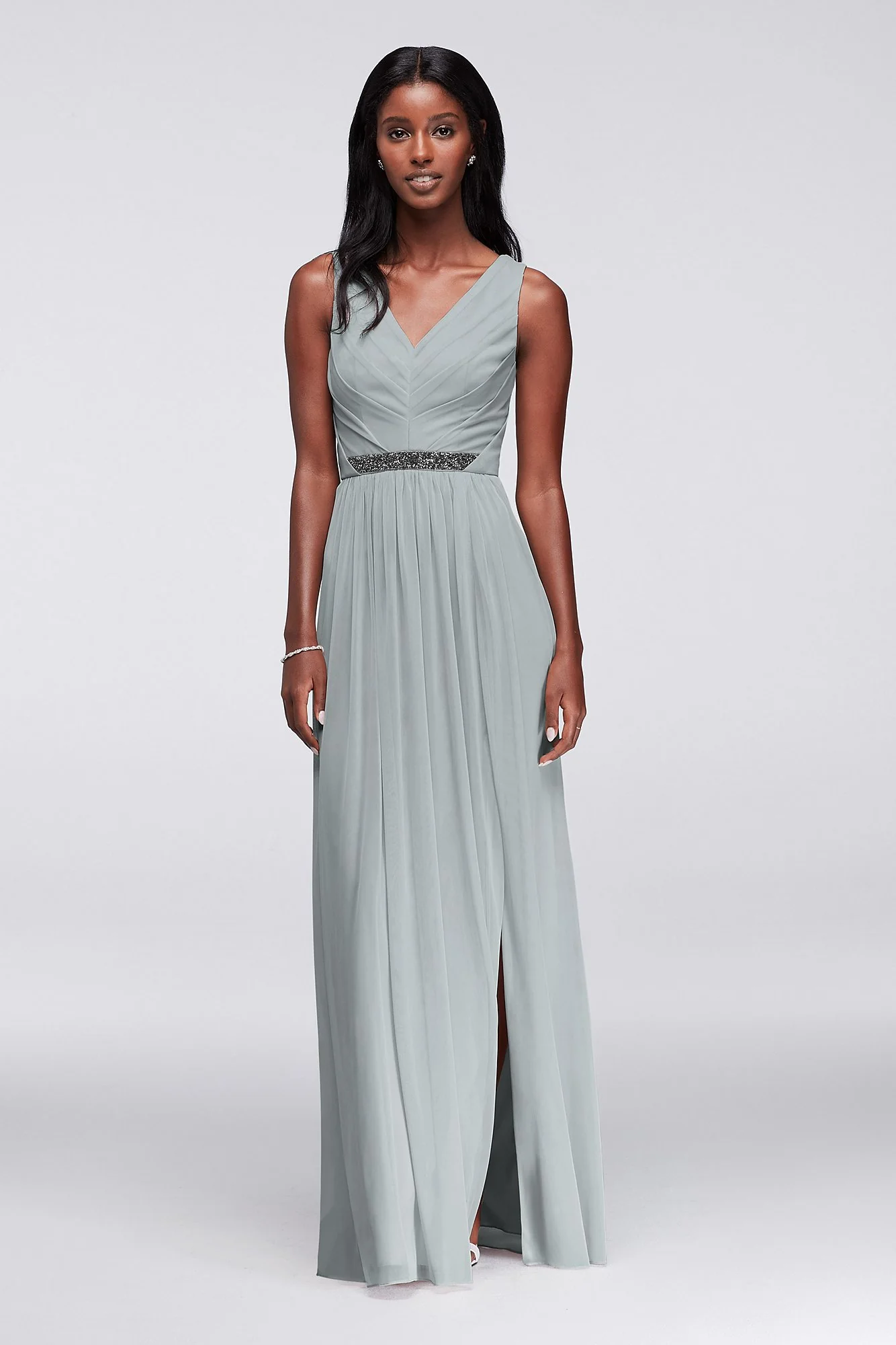 Long Mesh Dress with V-Neck and Beaded Waistband - Image 76