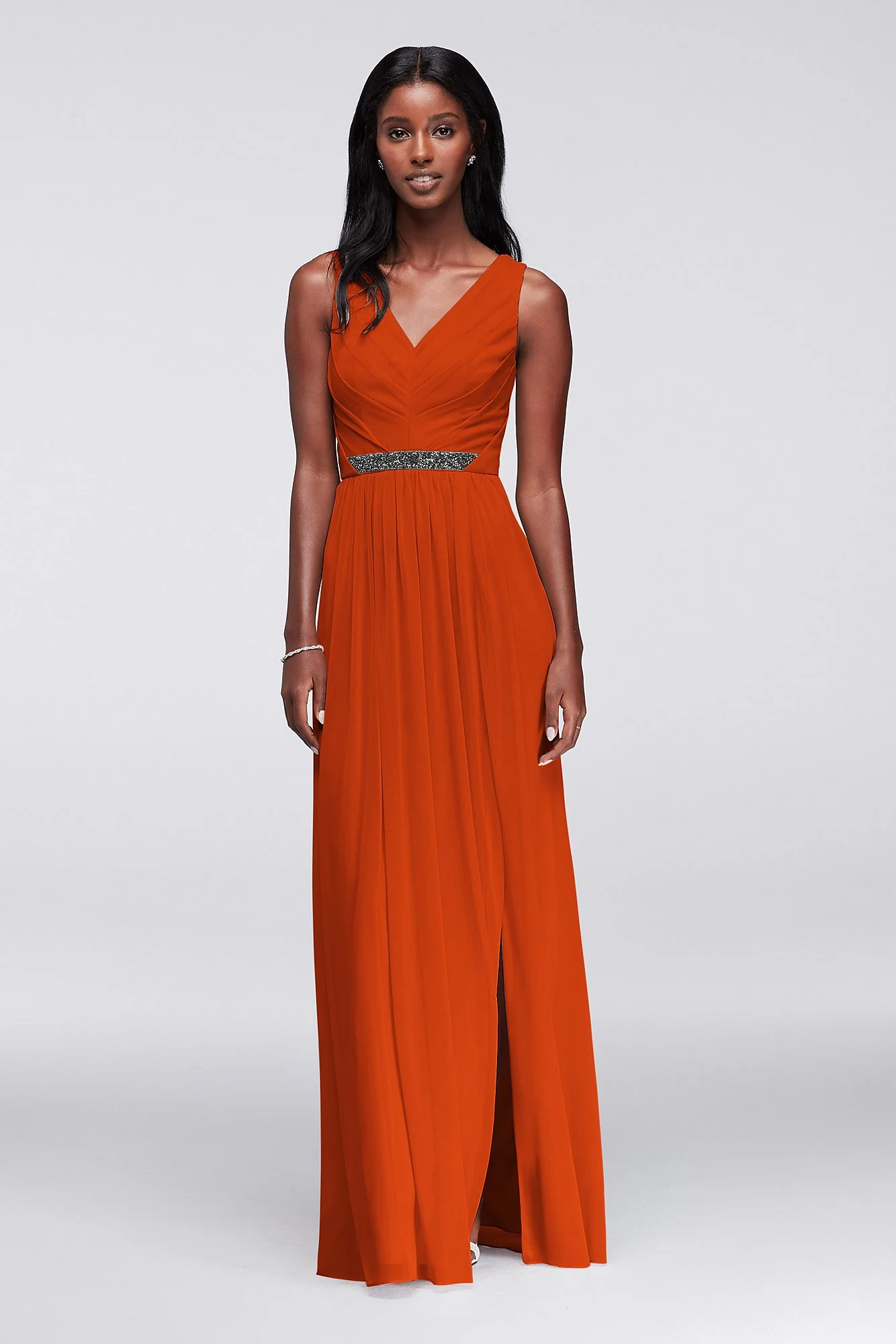 Long Mesh Dress with V-Neck and Beaded Waistband - Image 80