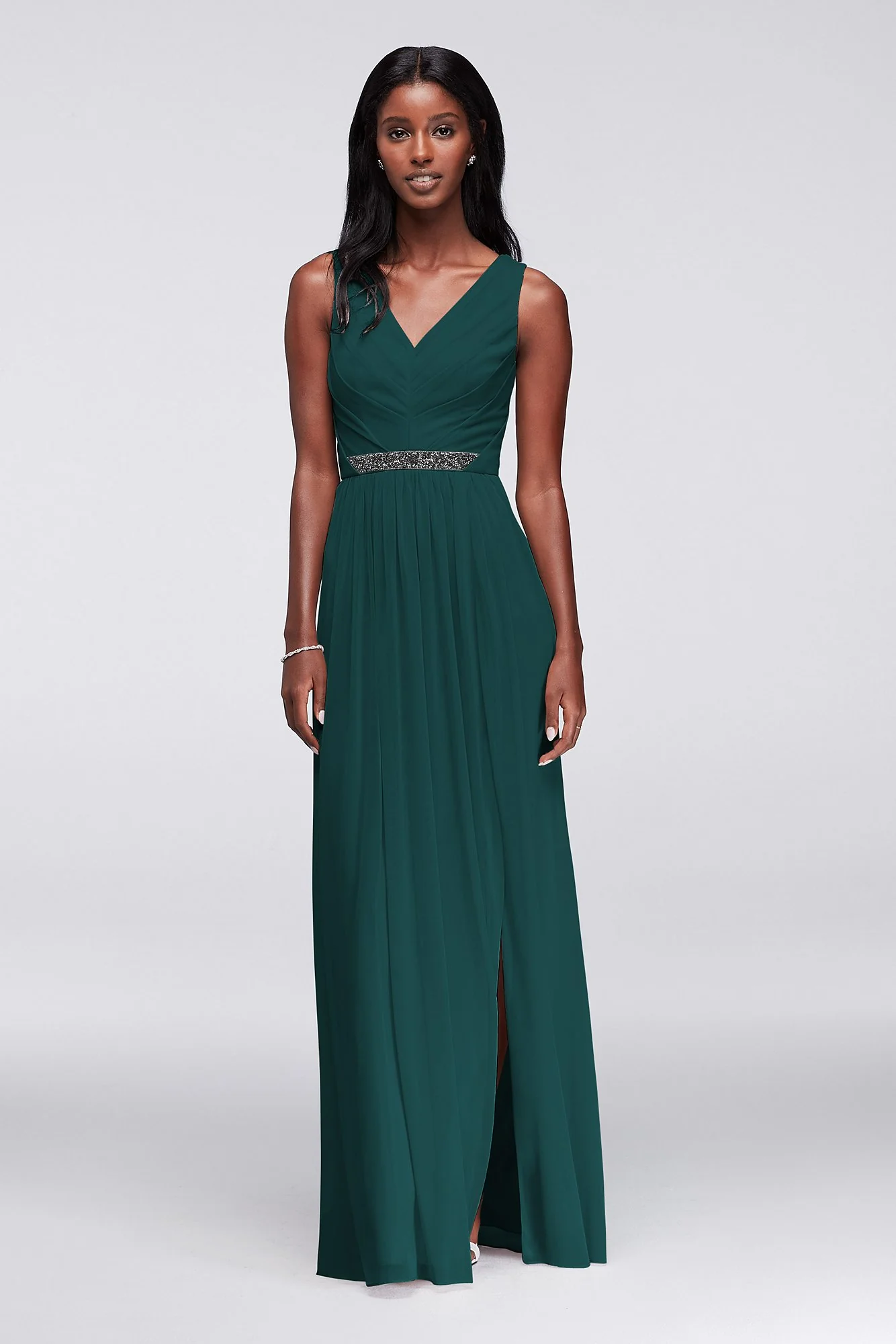 Long Mesh Dress with V-Neck and Beaded Waistband - Image 87
