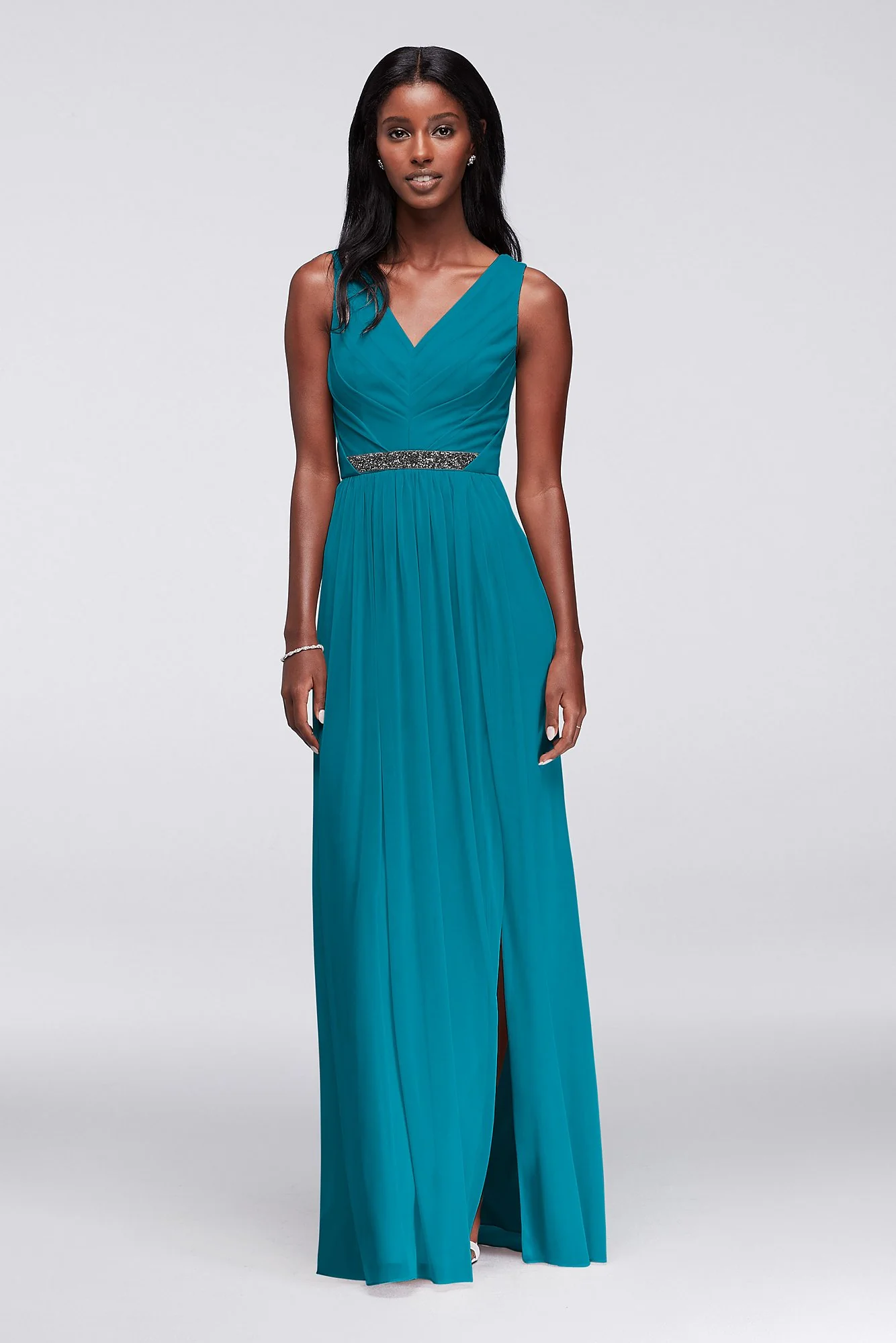 Long Mesh Dress with V-Neck and Beaded Waistband - Image 88