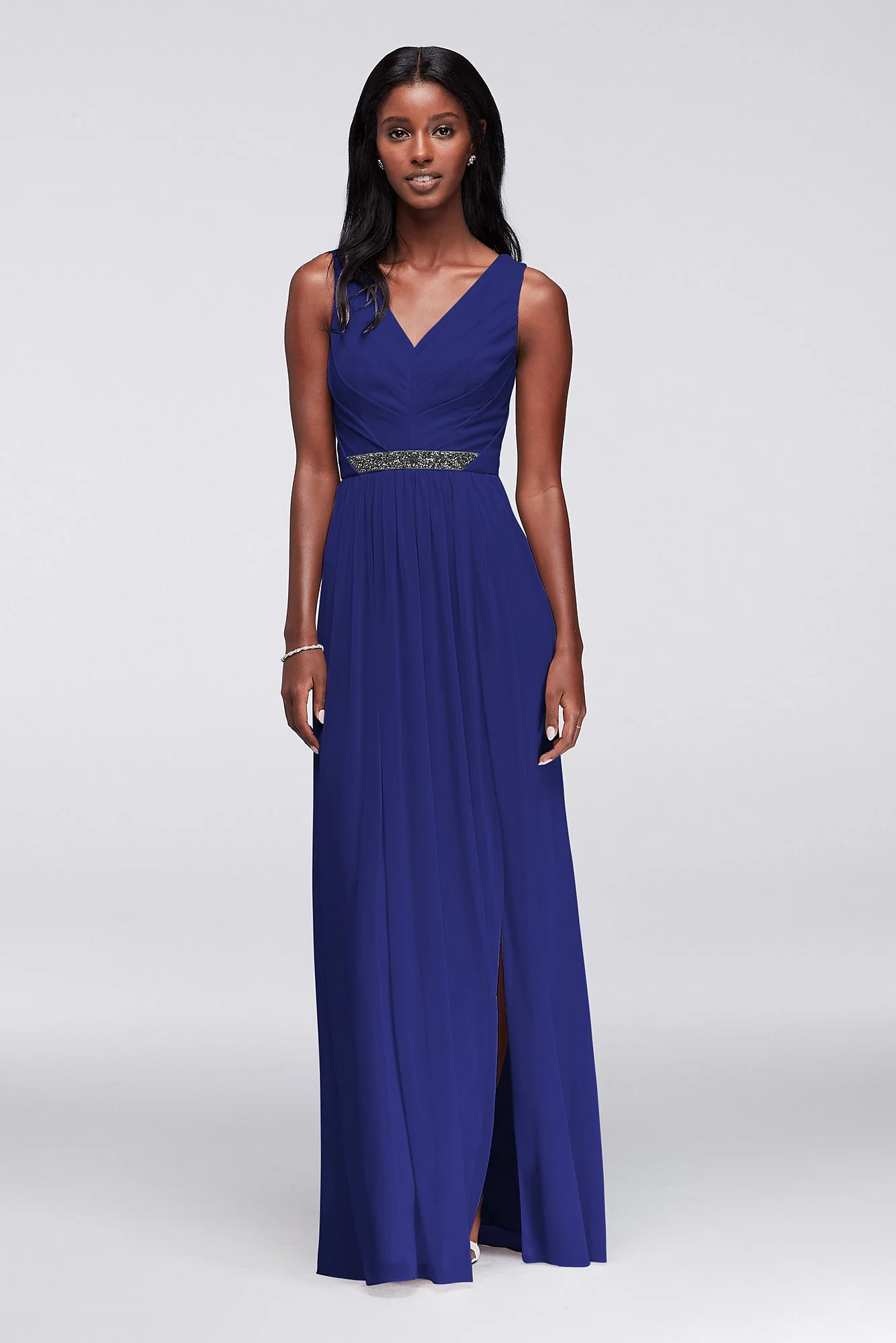 Long Mesh Dress with V-Neck and Beaded Waistband - Image 9