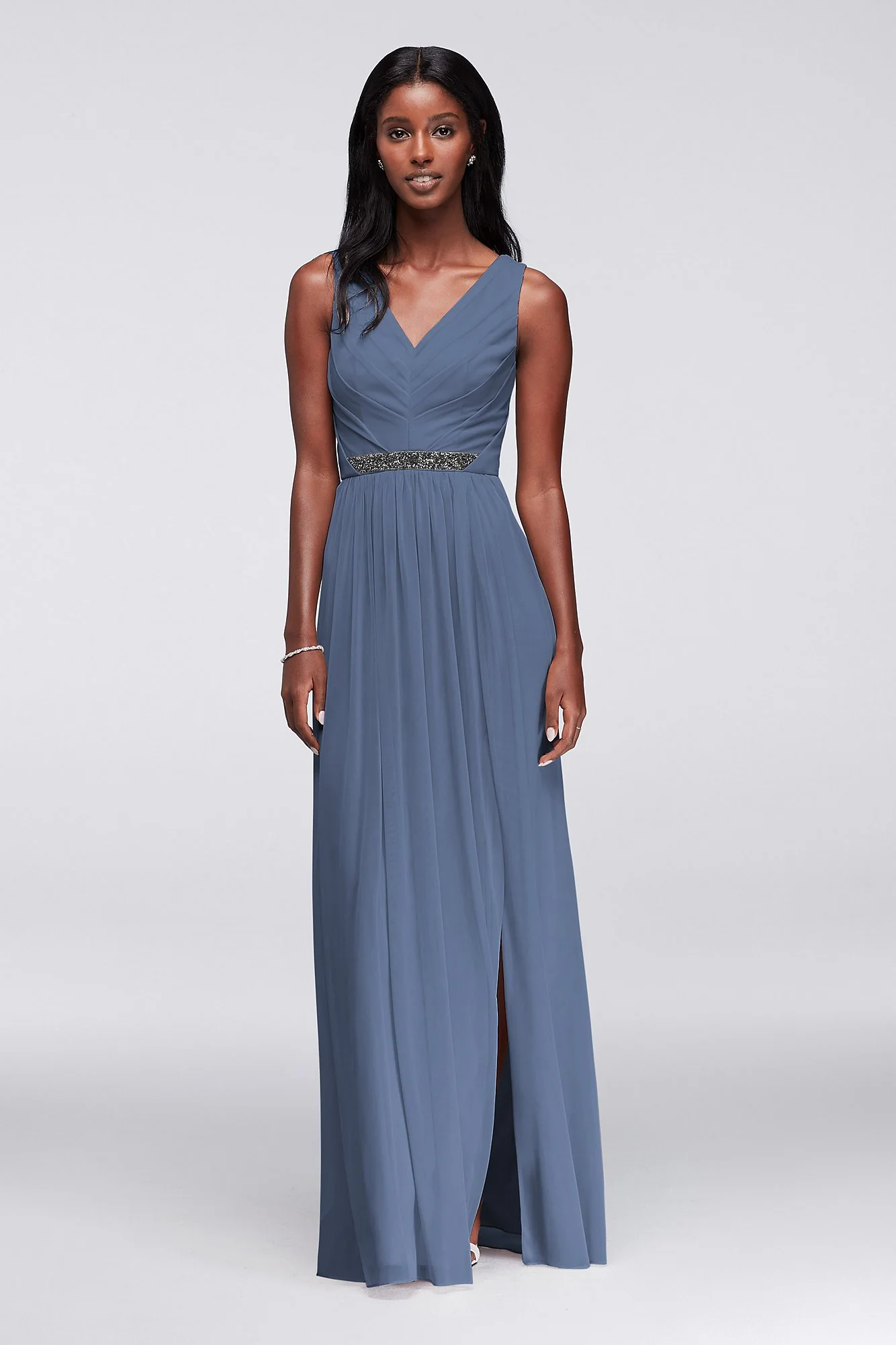 Long Mesh Dress with V-Neck and Beaded Waistband - Image 91