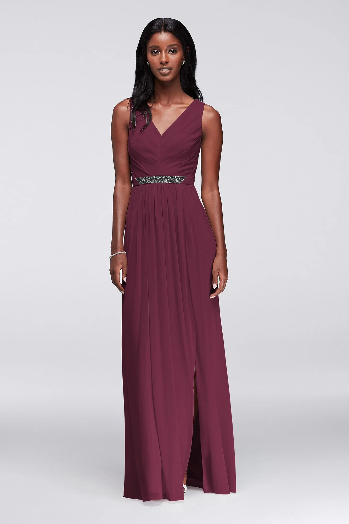 Long Mesh Dress with V-Neck and Beaded Waistband - Image 94