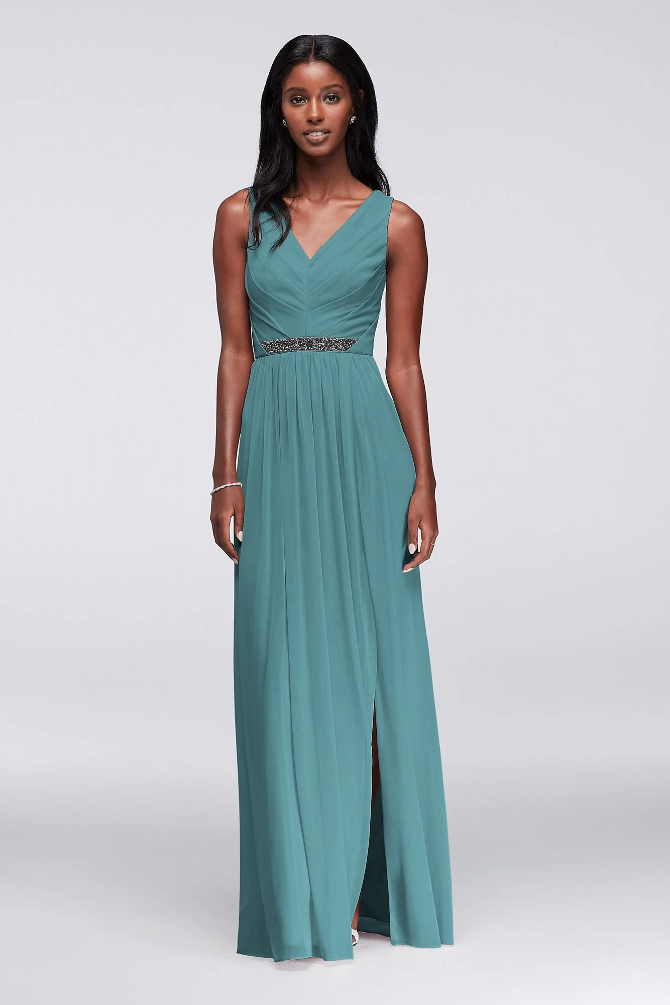 Long Mesh Dress with V-Neck and Beaded Waistband - Image 98