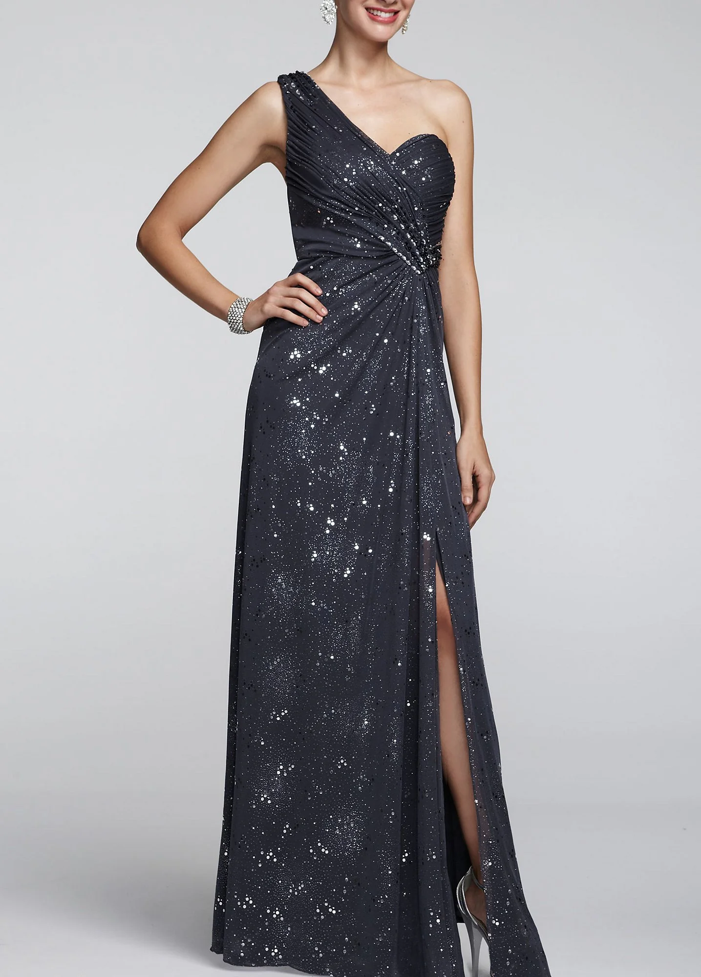 Long One Shoulder Glitter Mesh Dress