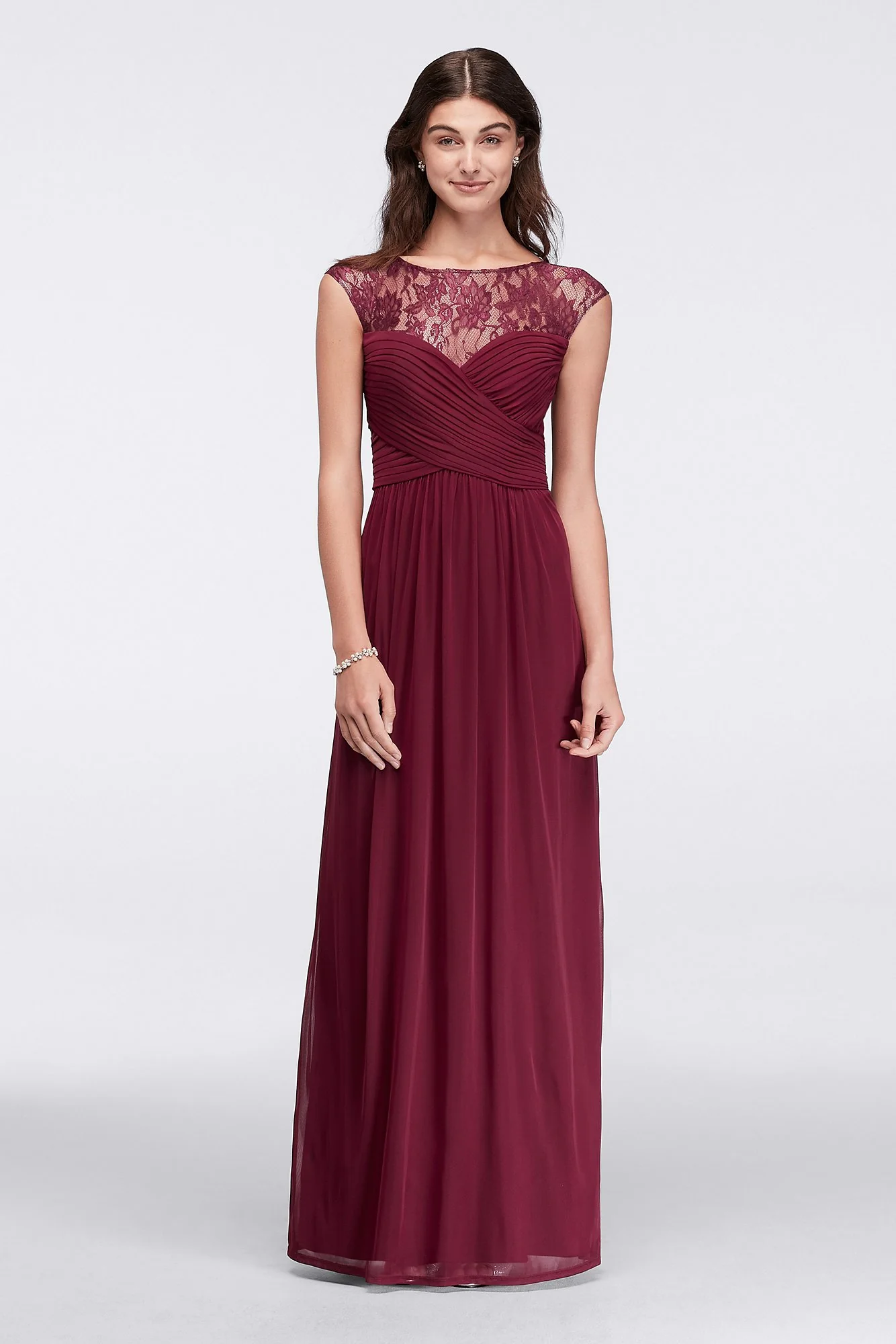 Long Ruched Bodice Gown with Illusion Lace Yoke