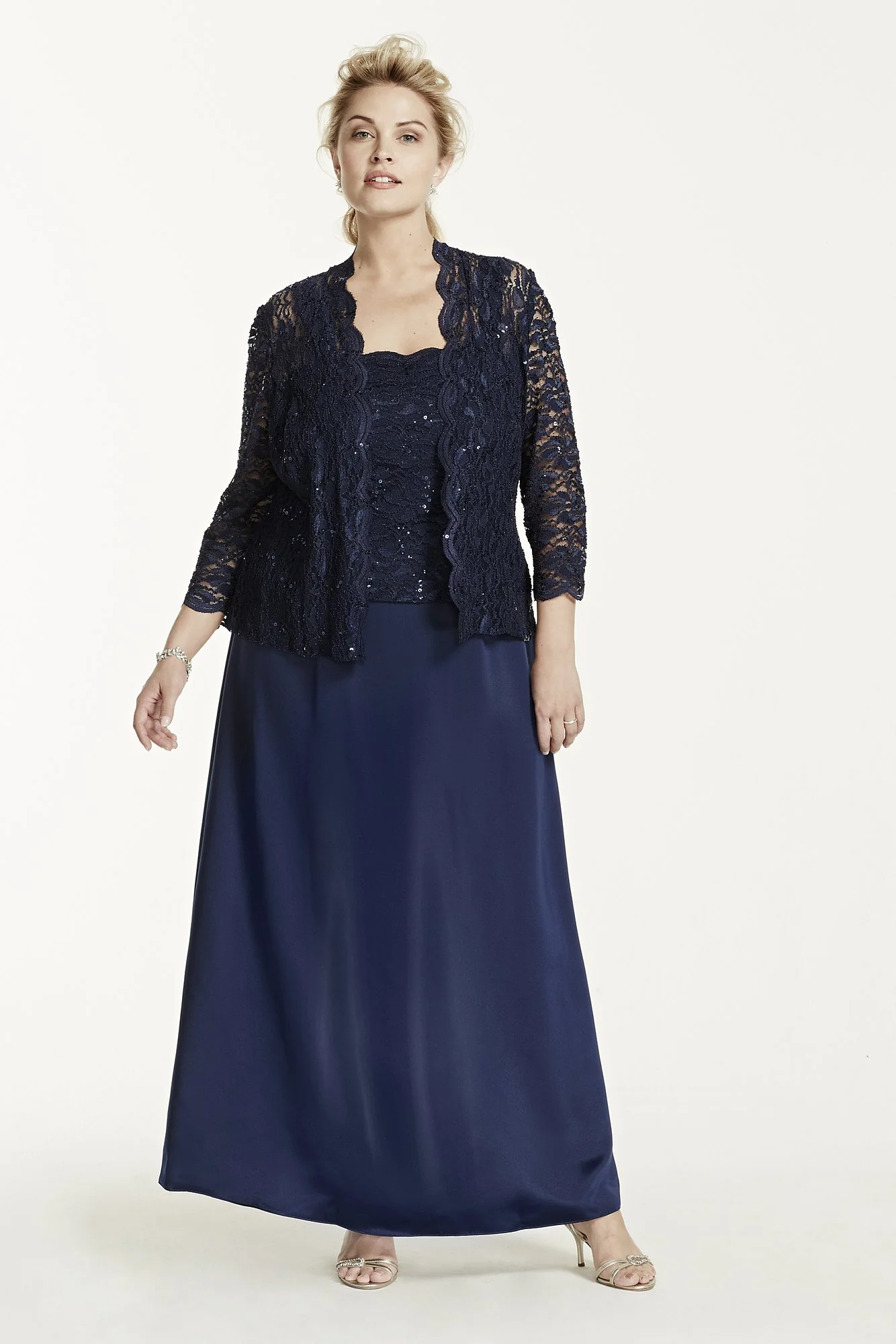 Long Satin Dress with 3/4 Lace Sleeved Jacket