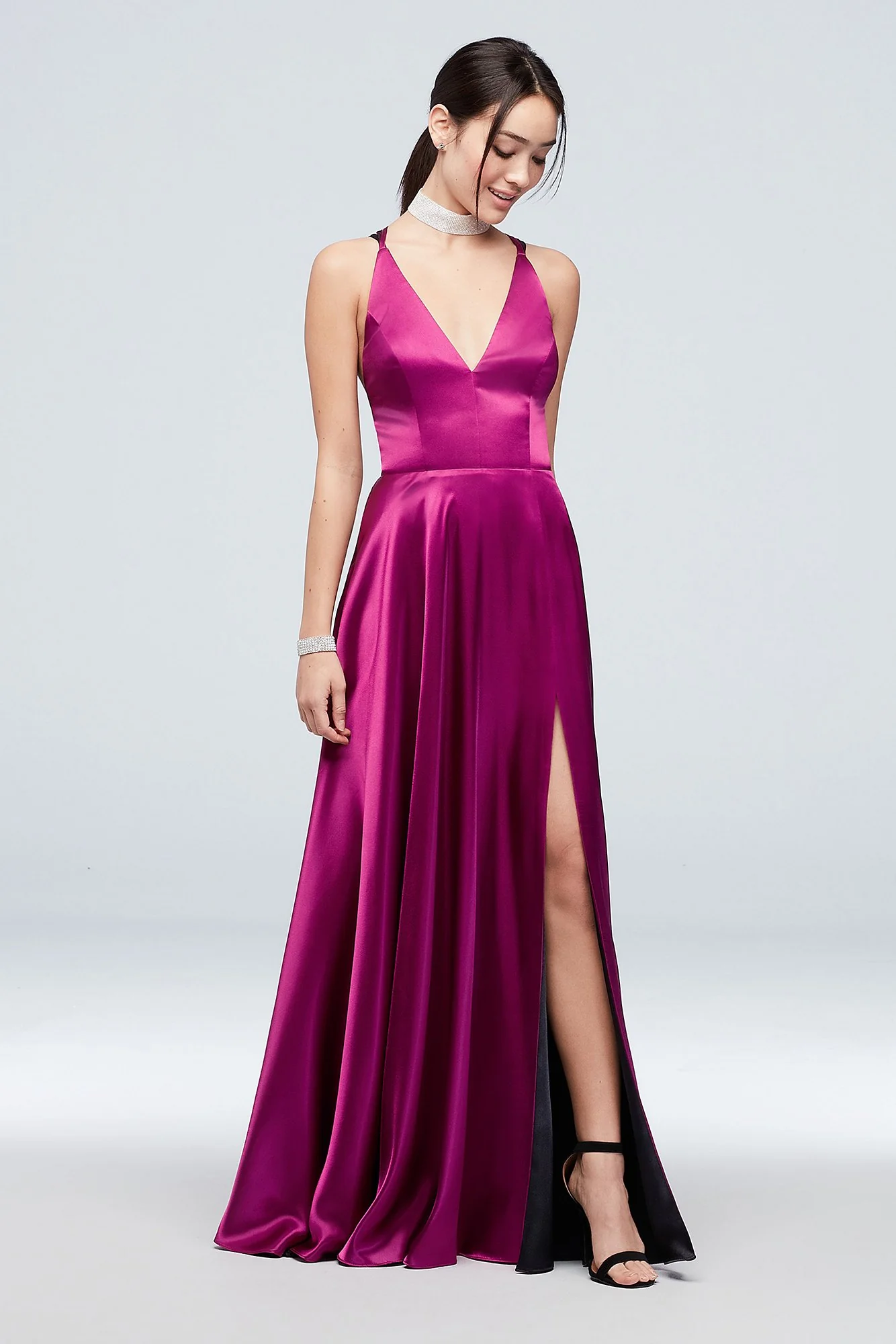 Long Satin Strappy Back V-Neck Dress with Slit - Image 2