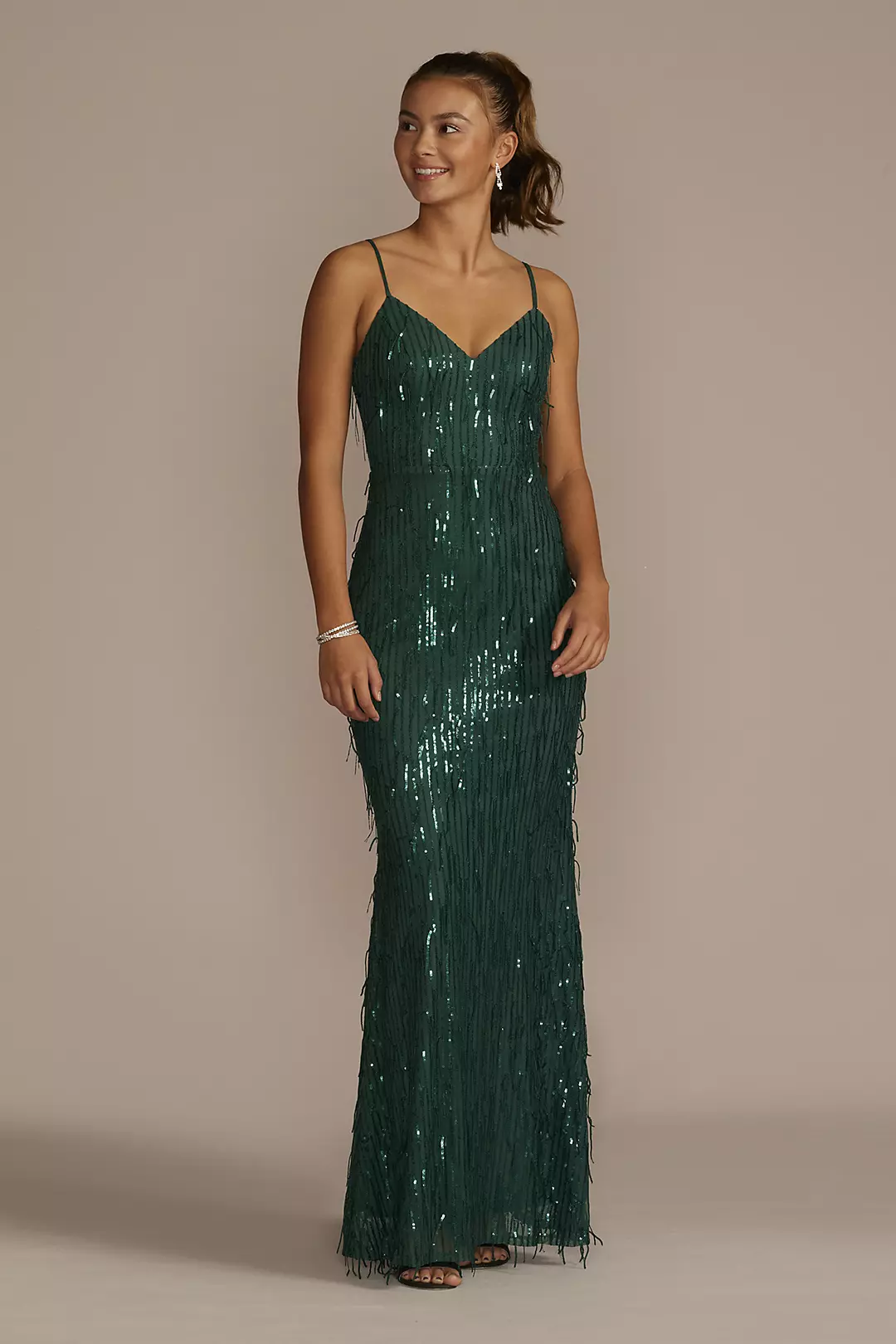 Long Sequin Fringe V-Neck Sheath Dress - Image 3