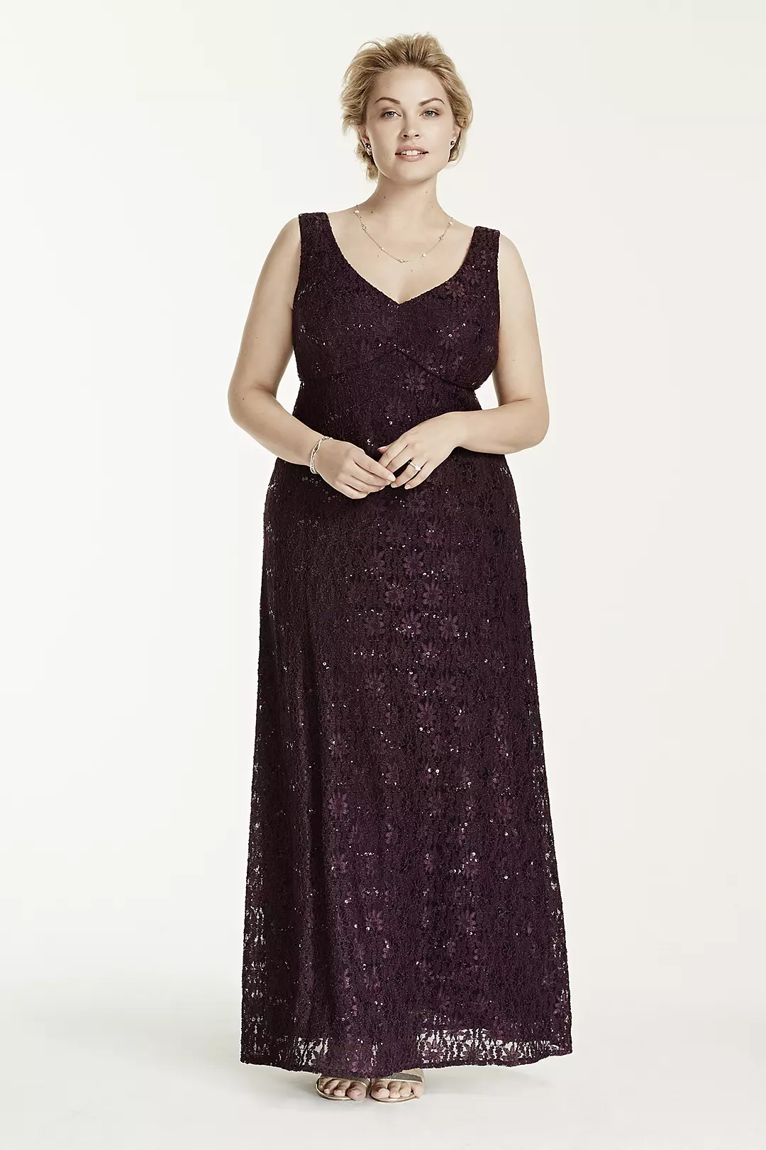 Long Sequin Lace dress with Chiffon Caplet - Image 3