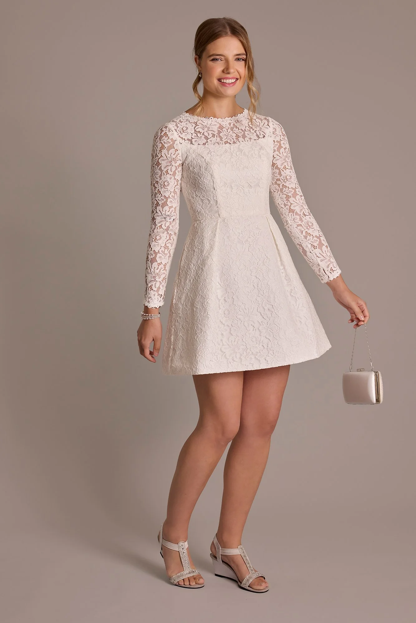 Long Sleeve Allover Lace Pleated Skirt Mini Dress - Image 2