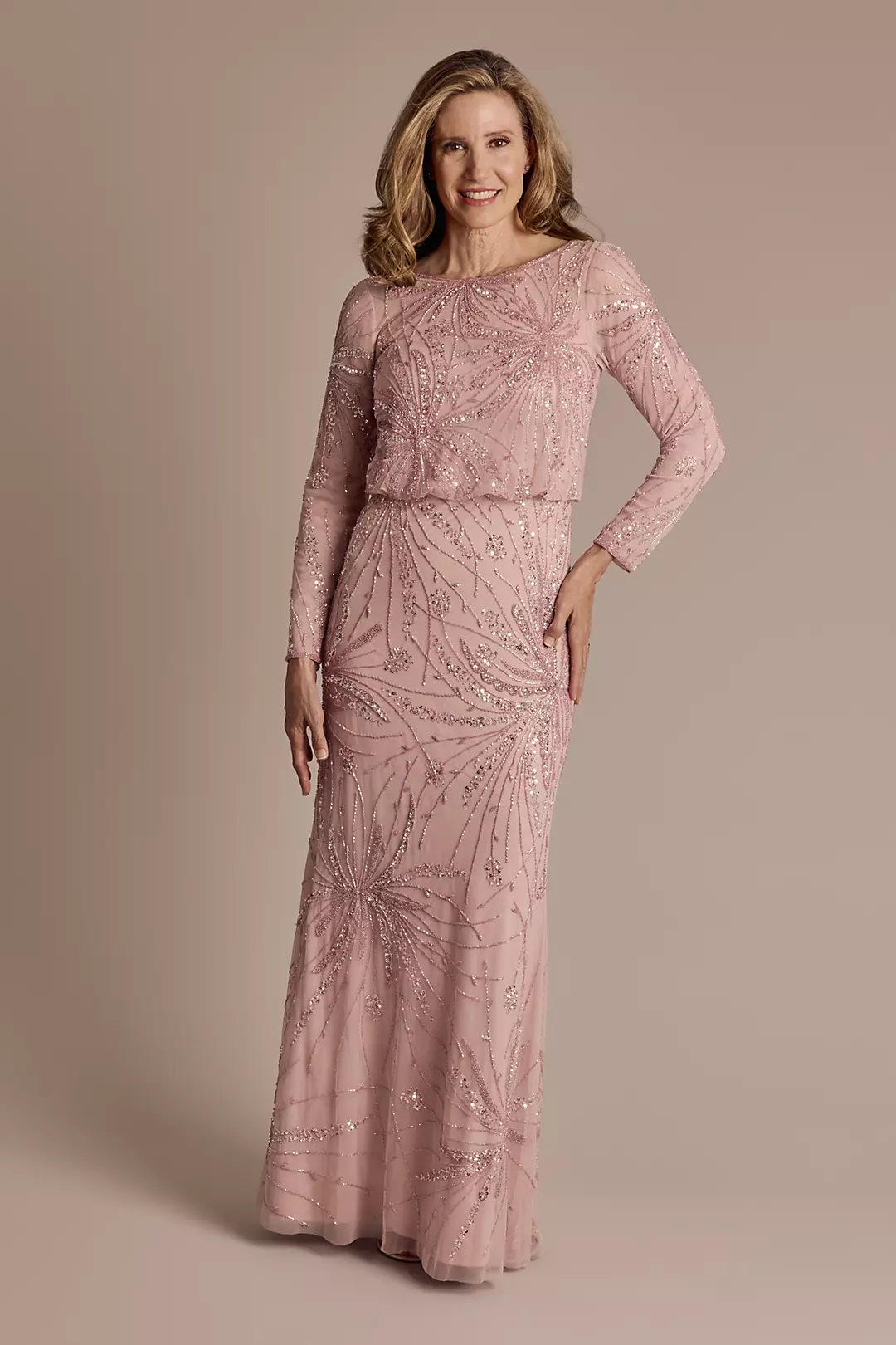Long-Sleeve Beaded Blouson Top Sheath Dress - Image 3
