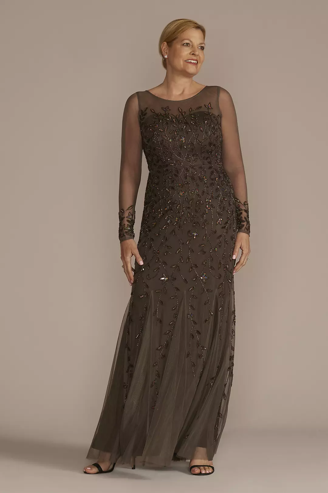Long Sleeve Beaded Illusion Godet Hem Dress - Image 3