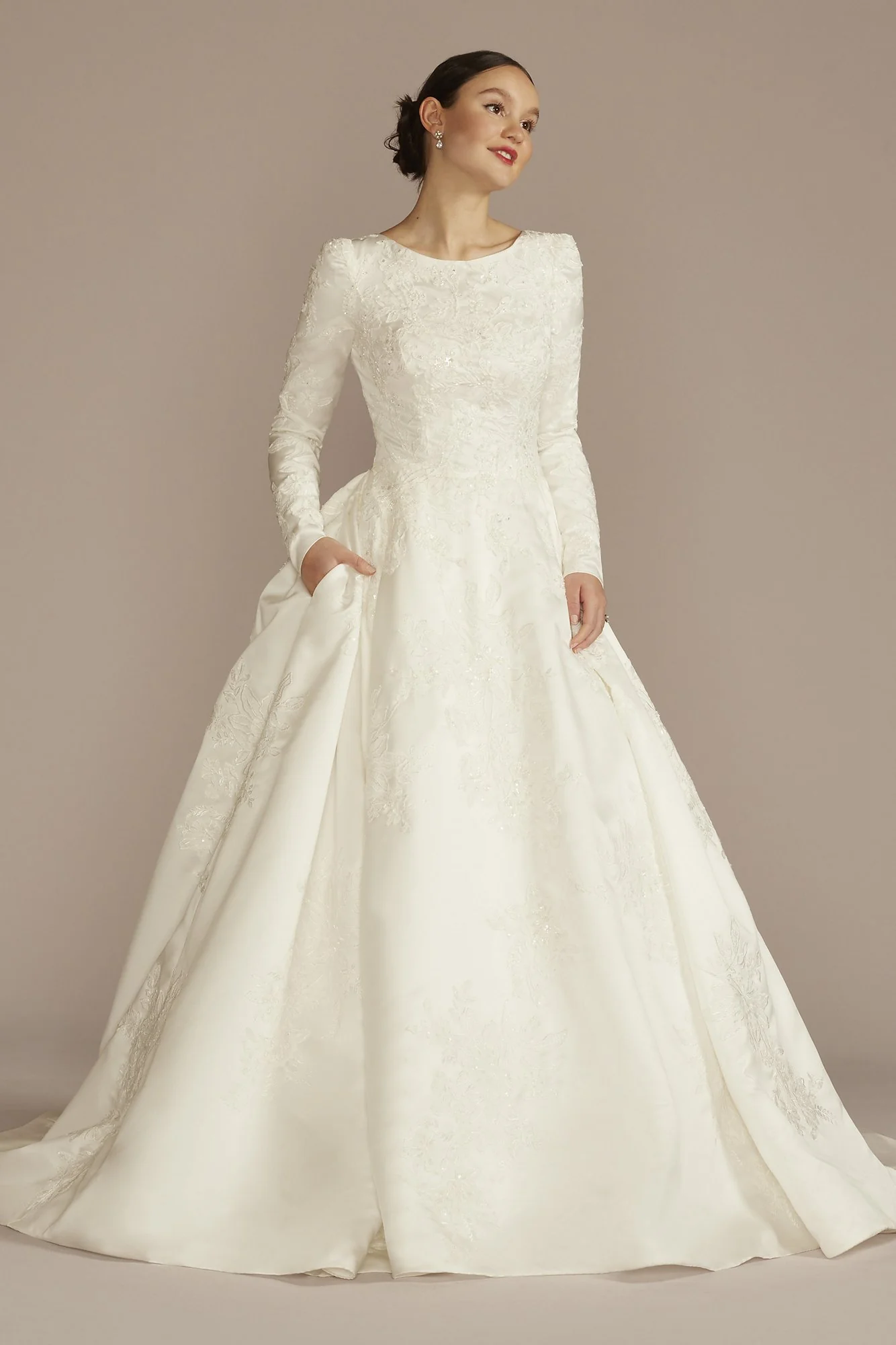 Long Sleeve Beaded Lace Modest Wedding Dress - Image 2