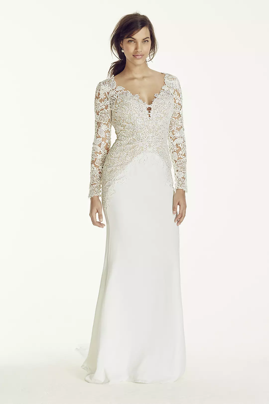 Long Sleeve Beaded Lace Plunge Neckline Gown - Image 9