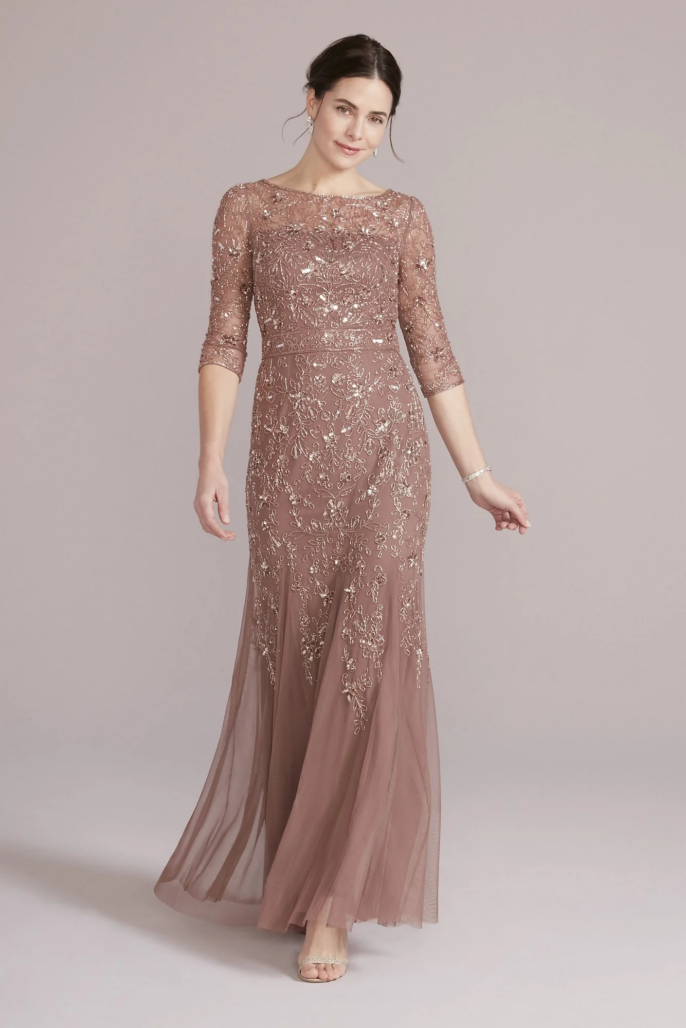 Long Sleeve Beaded Sheath with Skirt Godets - Image 2
