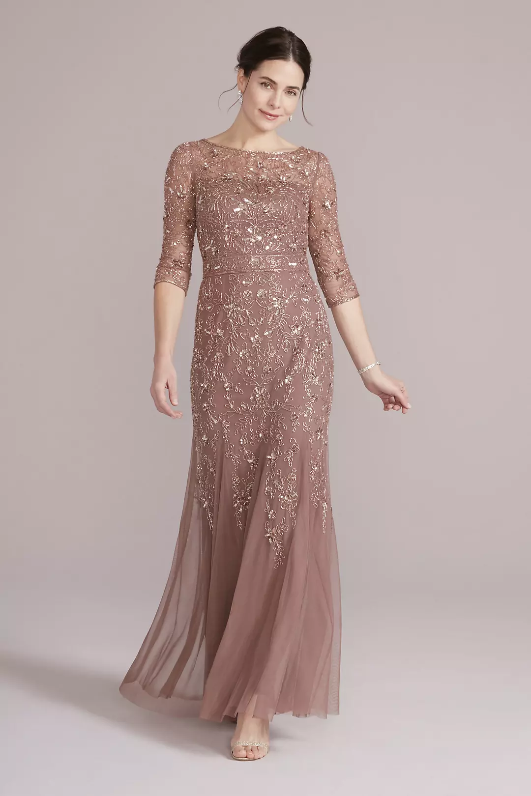 Long Sleeve Beaded Sheath with Skirt Godets - Image 3