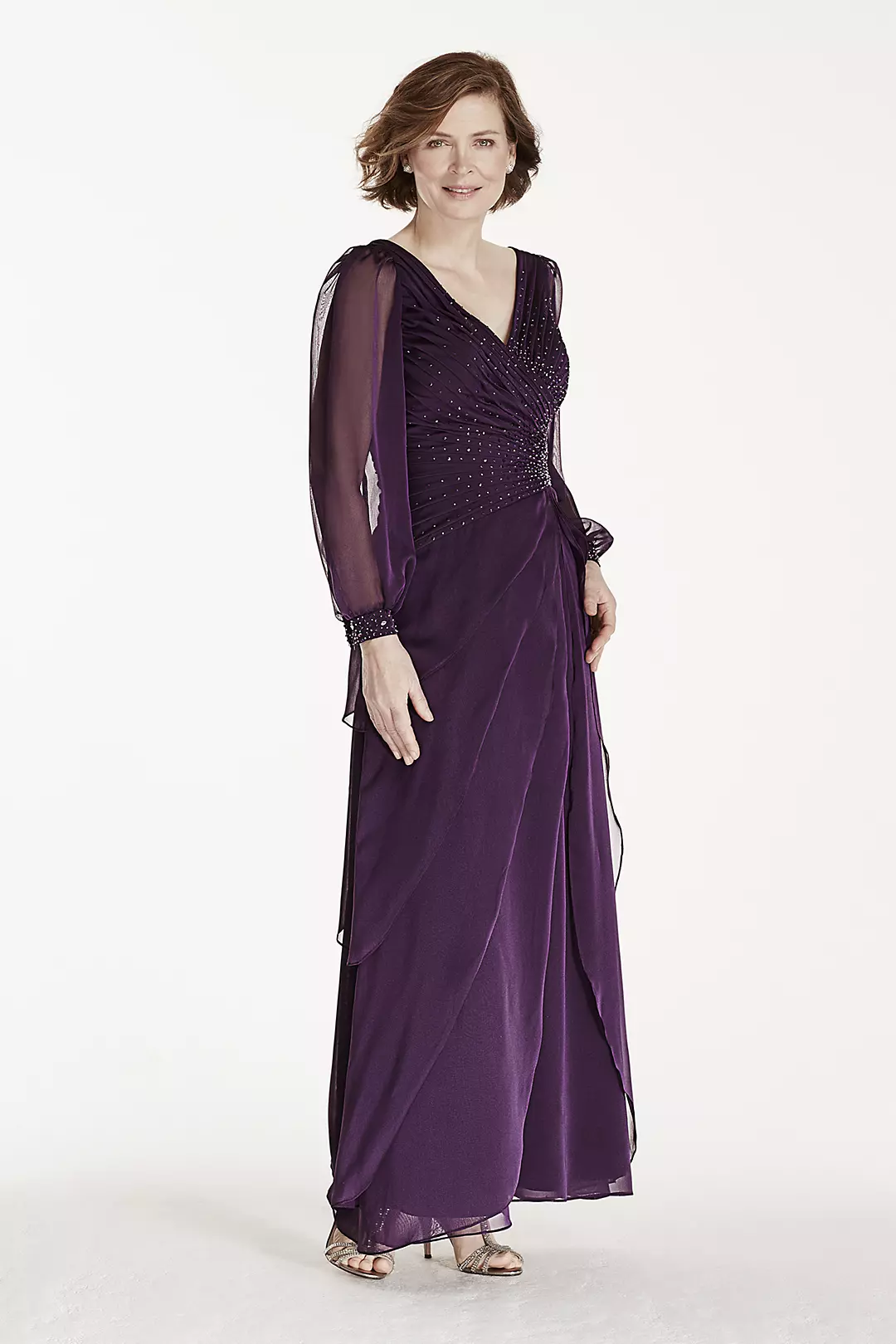 Long Sleeve Chiffon Dress with Beaded Bodice