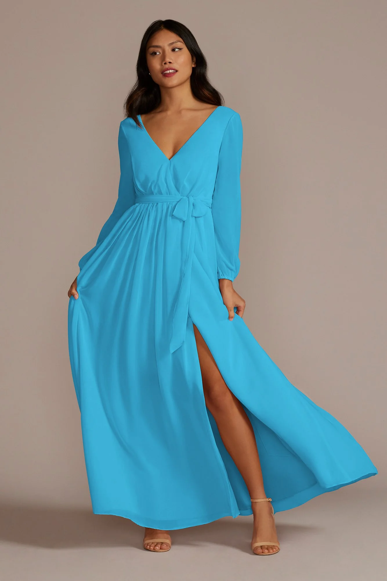 Long Sleeve Chiffon Dress with Slit - Image 107