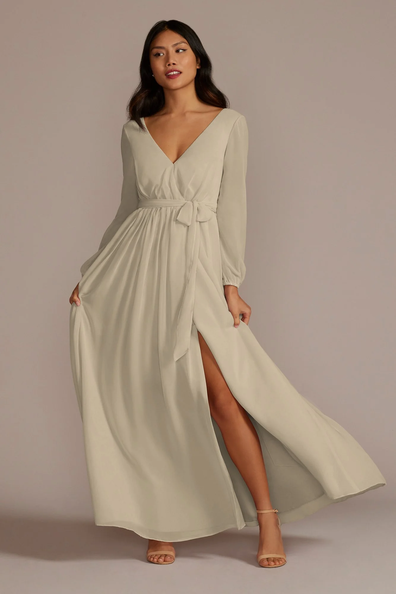 Long Sleeve Chiffon Dress with Slit - Image 45