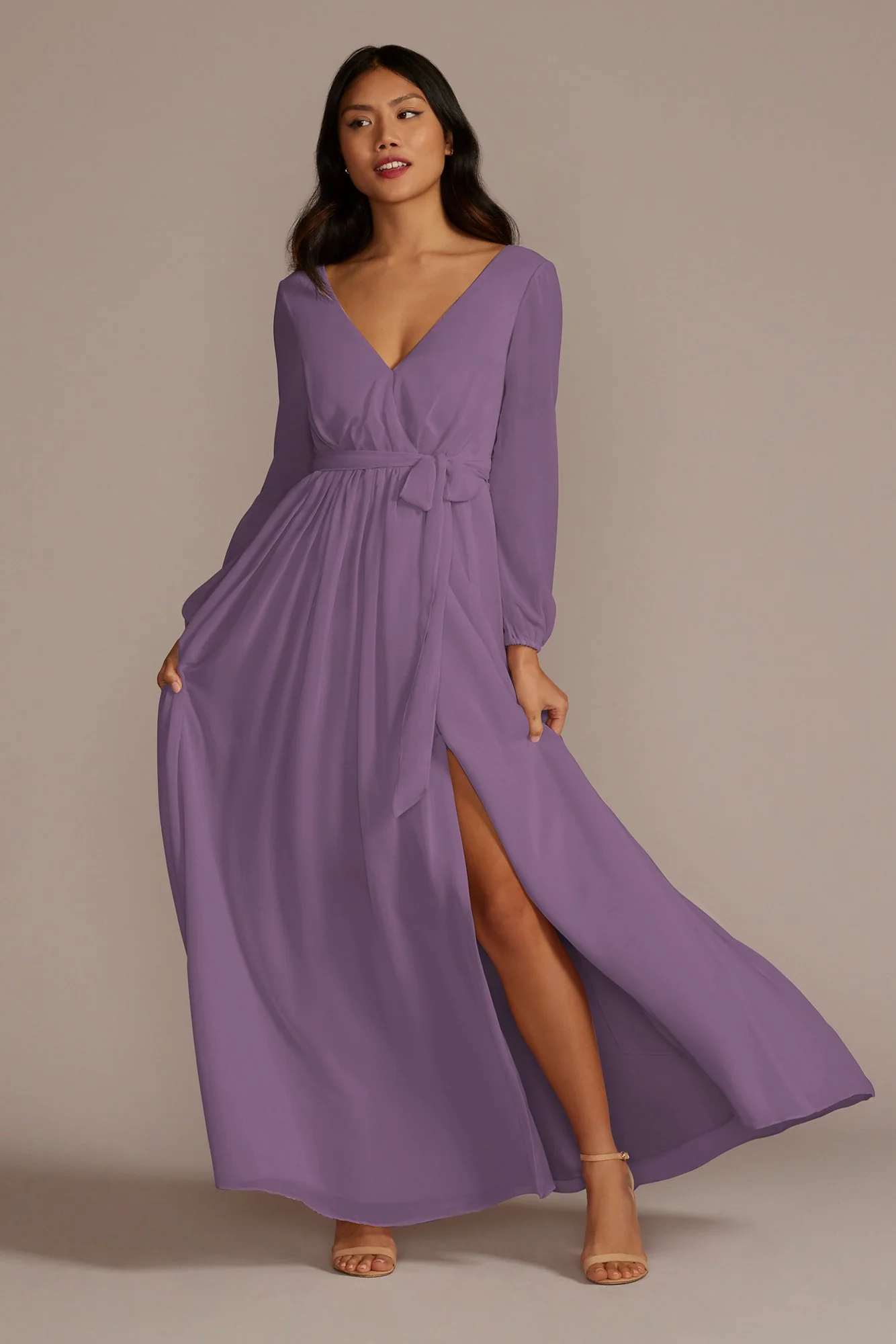 Long Sleeve Chiffon Dress with Slit - Image 52
