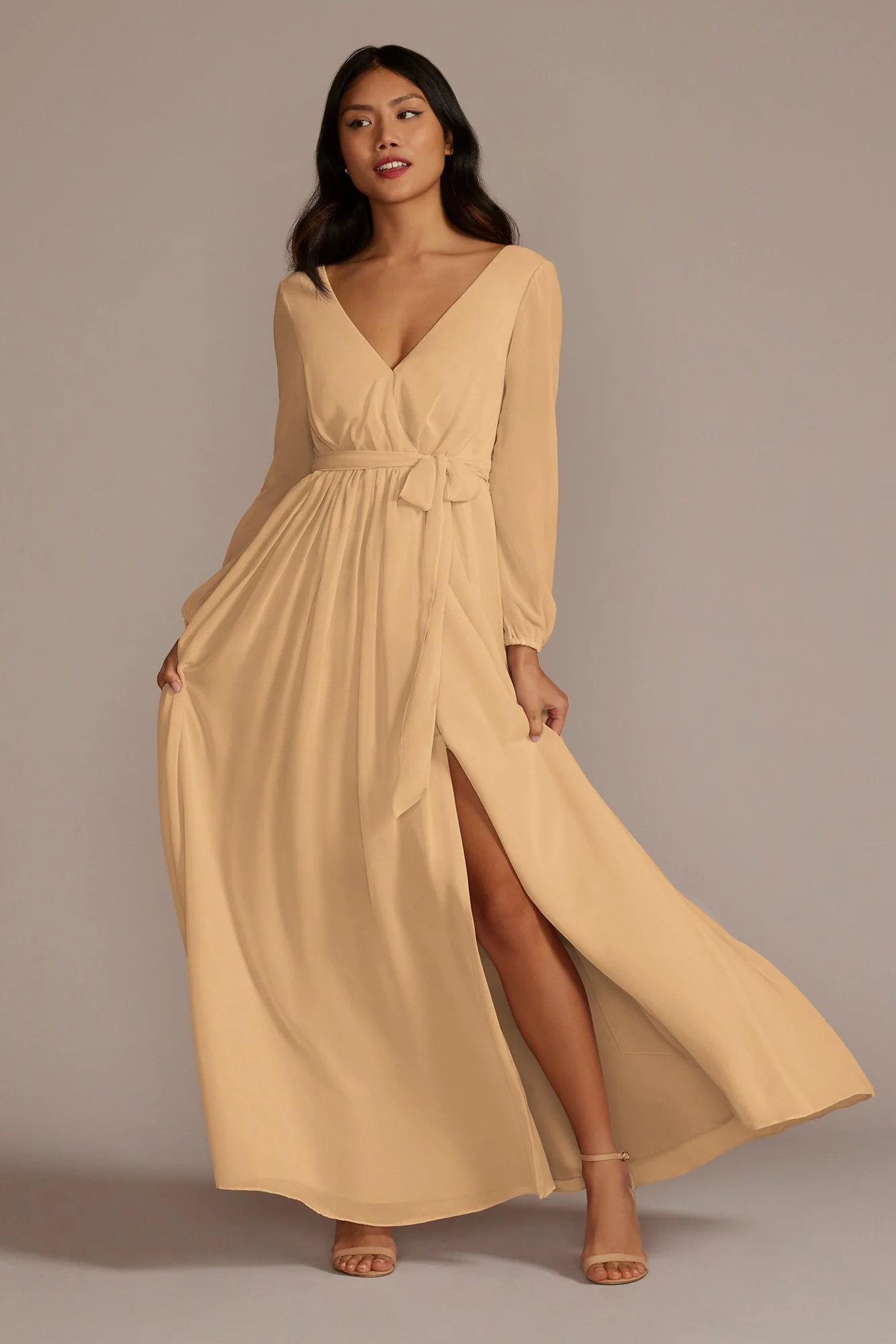 Long Sleeve Chiffon Dress with Slit - Image 78