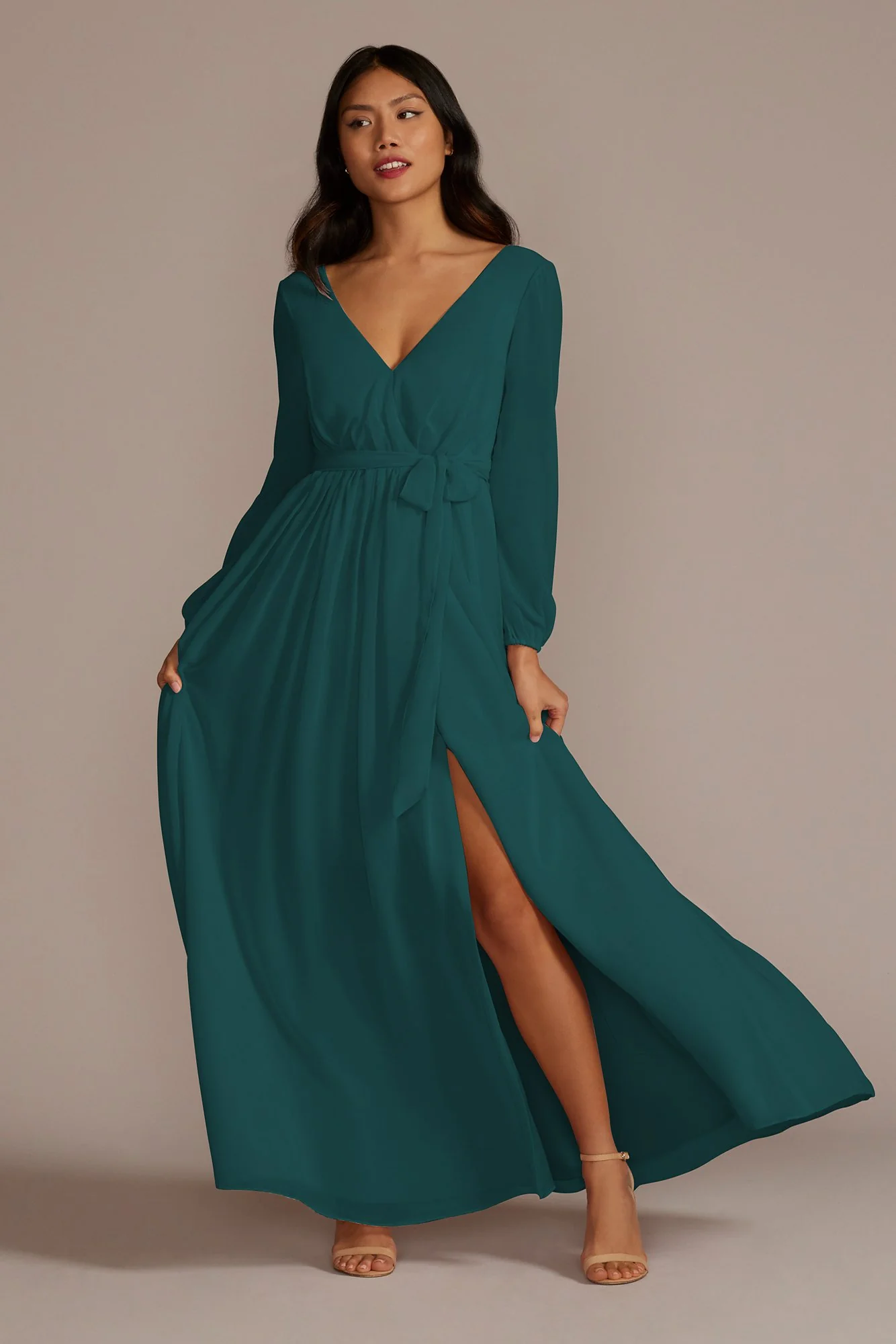 Long Sleeve Chiffon Dress with Slit - Image 81