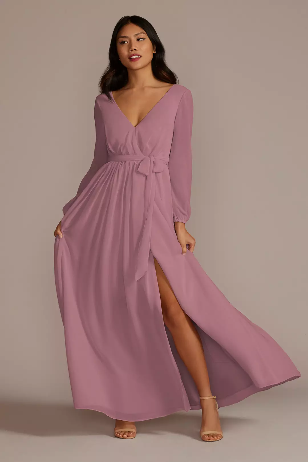 Long Sleeve Chiffon Dress with Slit - Image 89
