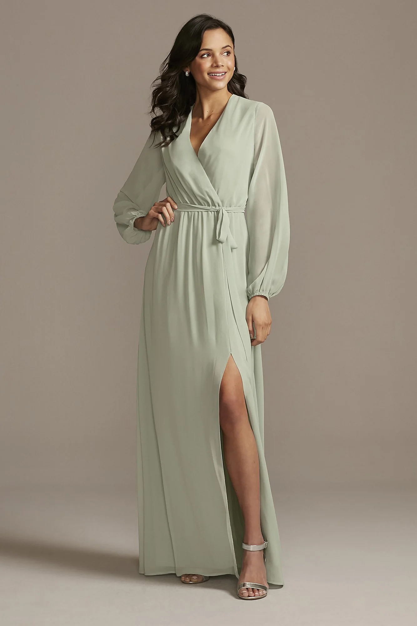 Long Sleeve Chiffon Faux-Wrap Dress