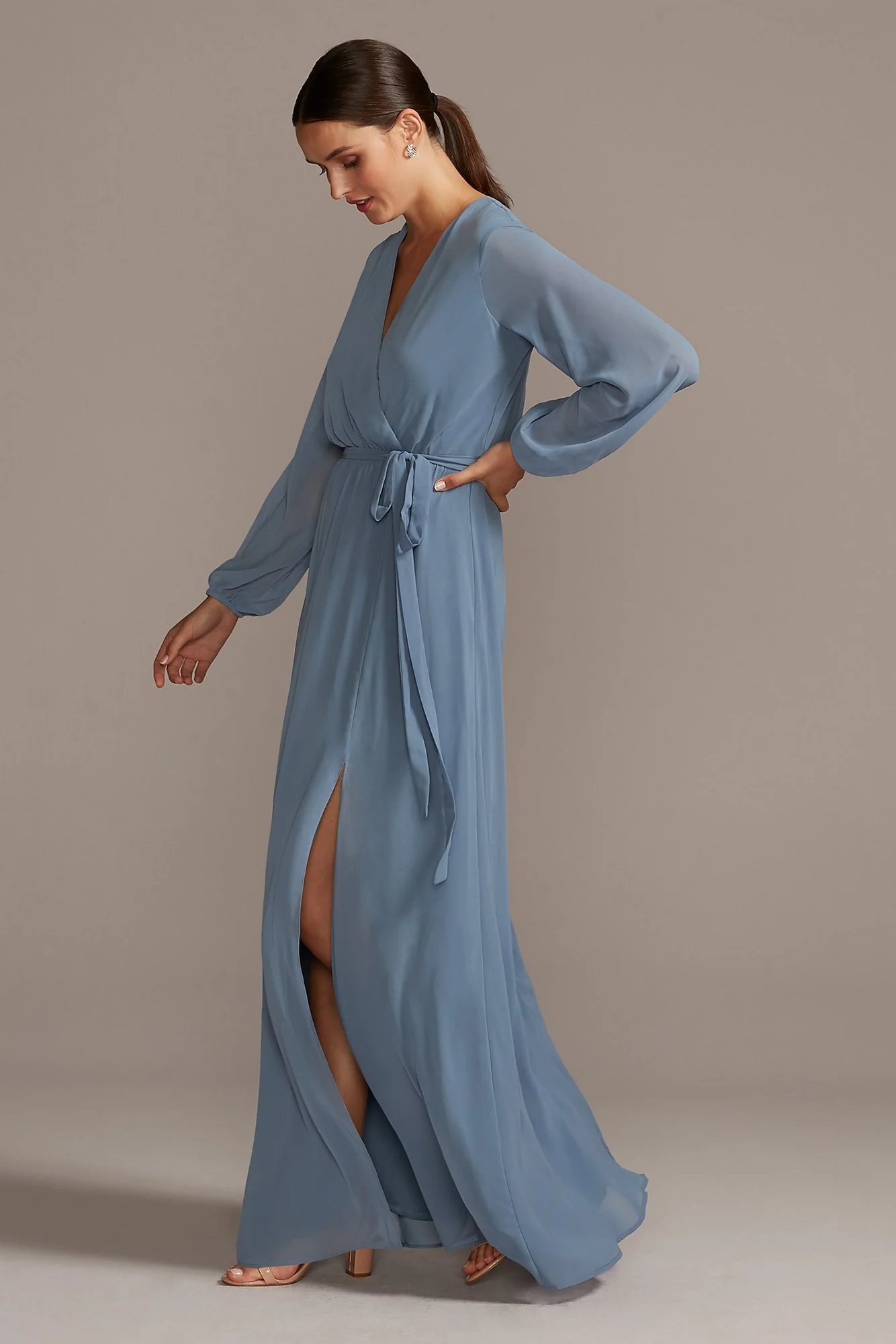 Long Sleeve Chiffon Faux-Wrap Dress - Image 2