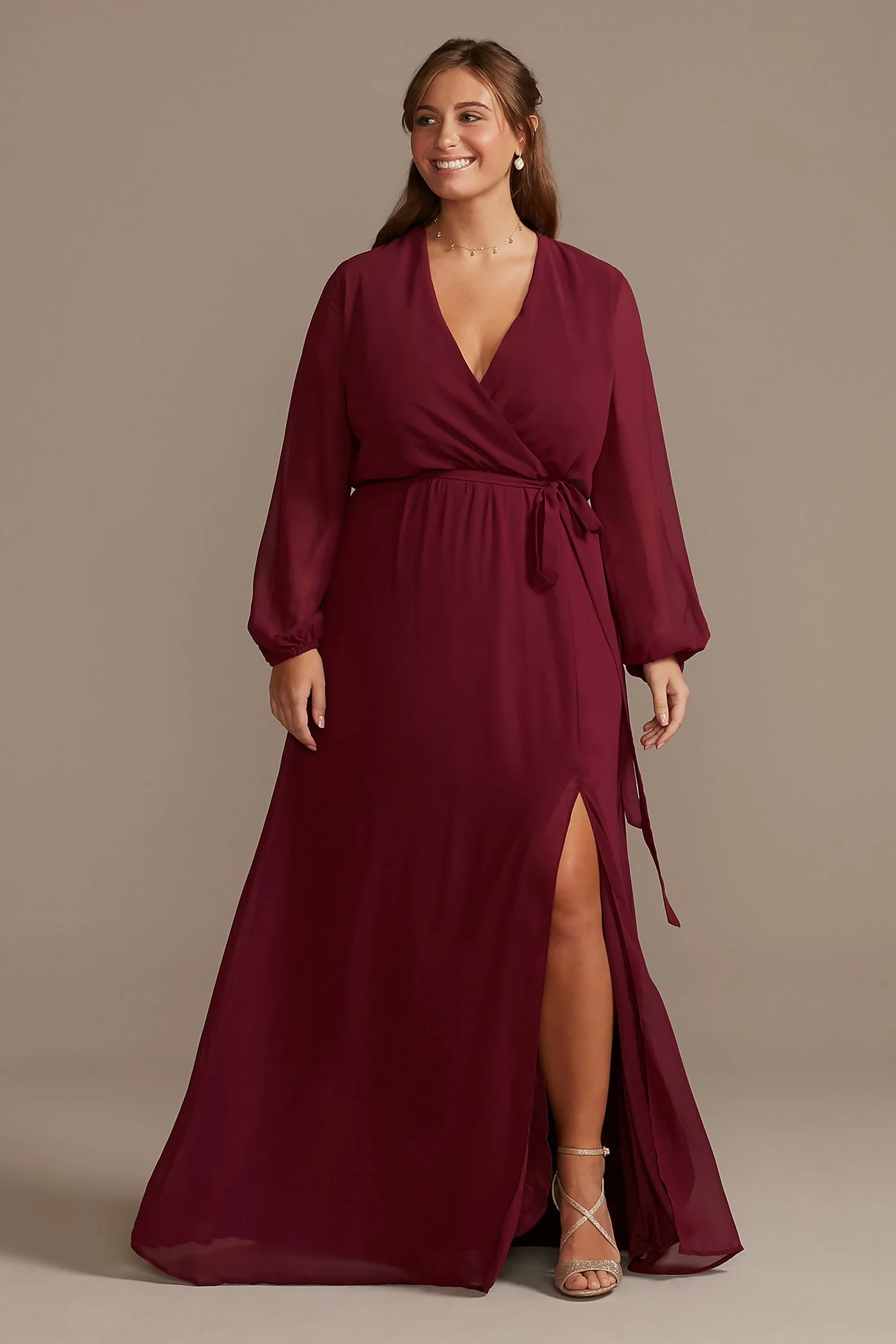 Long Sleeve Chiffon Faux-Wrap Dress - Image 4