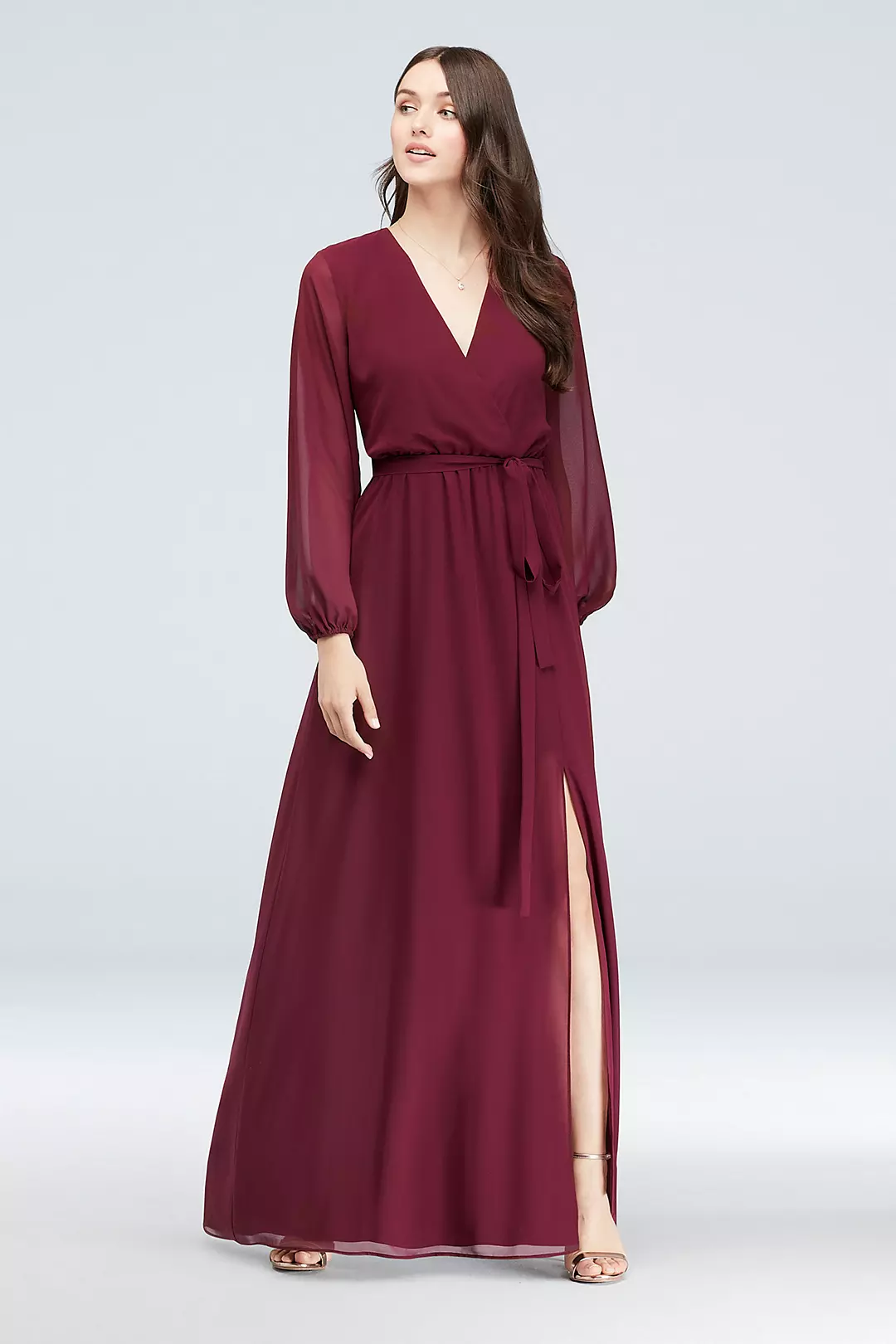 Long Sleeve Chiffon Faux-Wrap Dress - Image 7