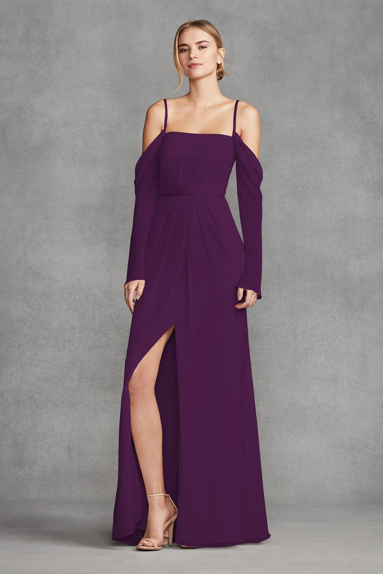 Long Sleeve Cold Shoulder Chiffon Bridesmaid Dress - Image 19