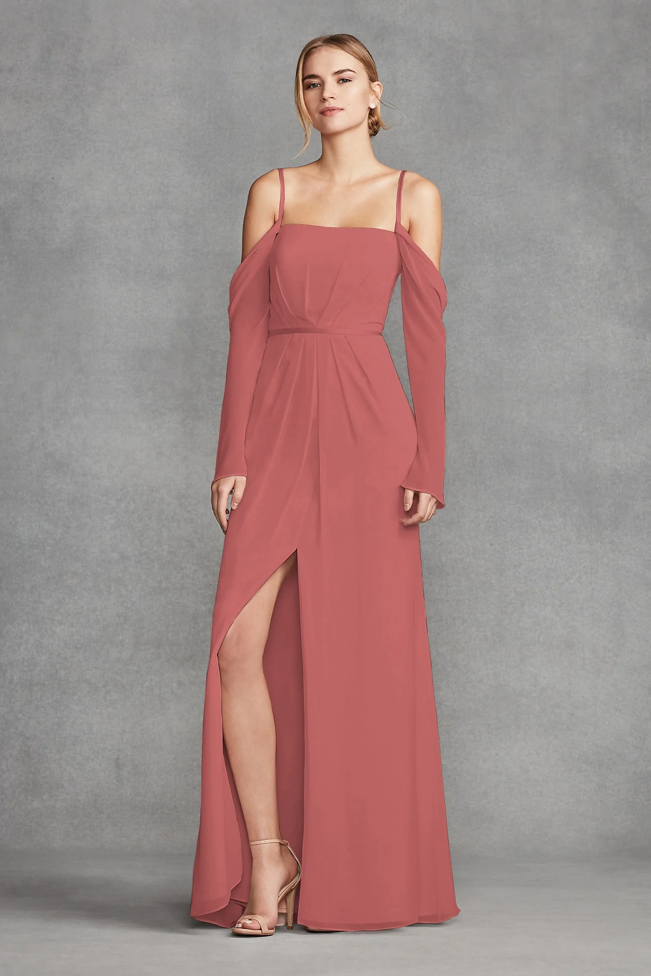 Long Sleeve Cold Shoulder Chiffon Bridesmaid Dress - Image 28