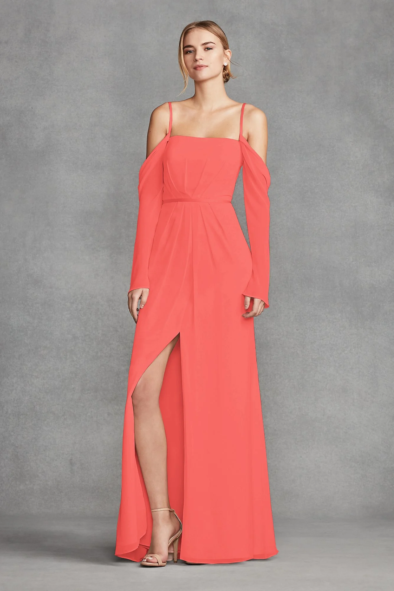 Long Sleeve Cold Shoulder Chiffon Bridesmaid Dress - Image 33