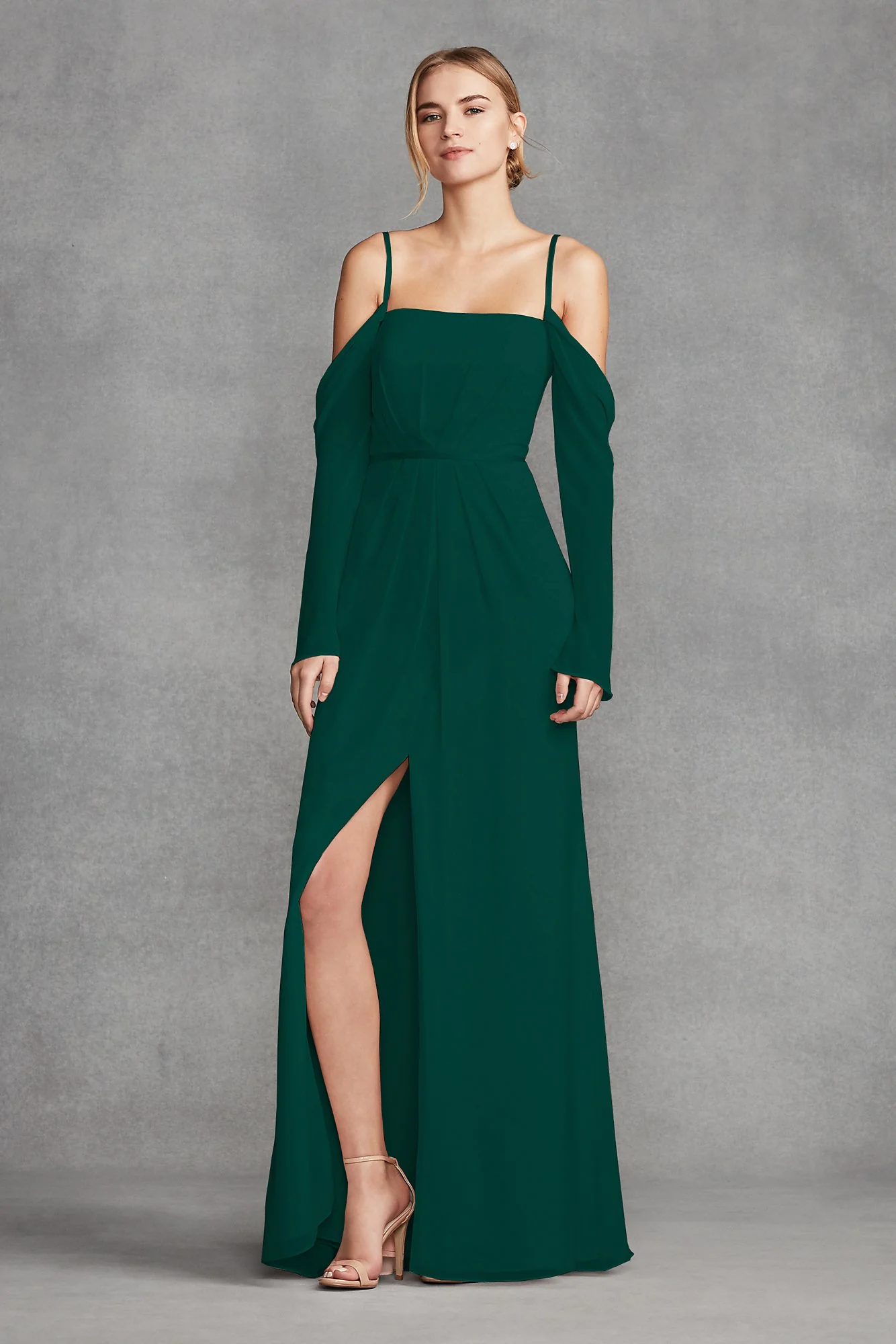 Long Sleeve Cold Shoulder Chiffon Bridesmaid Dress - Image 41