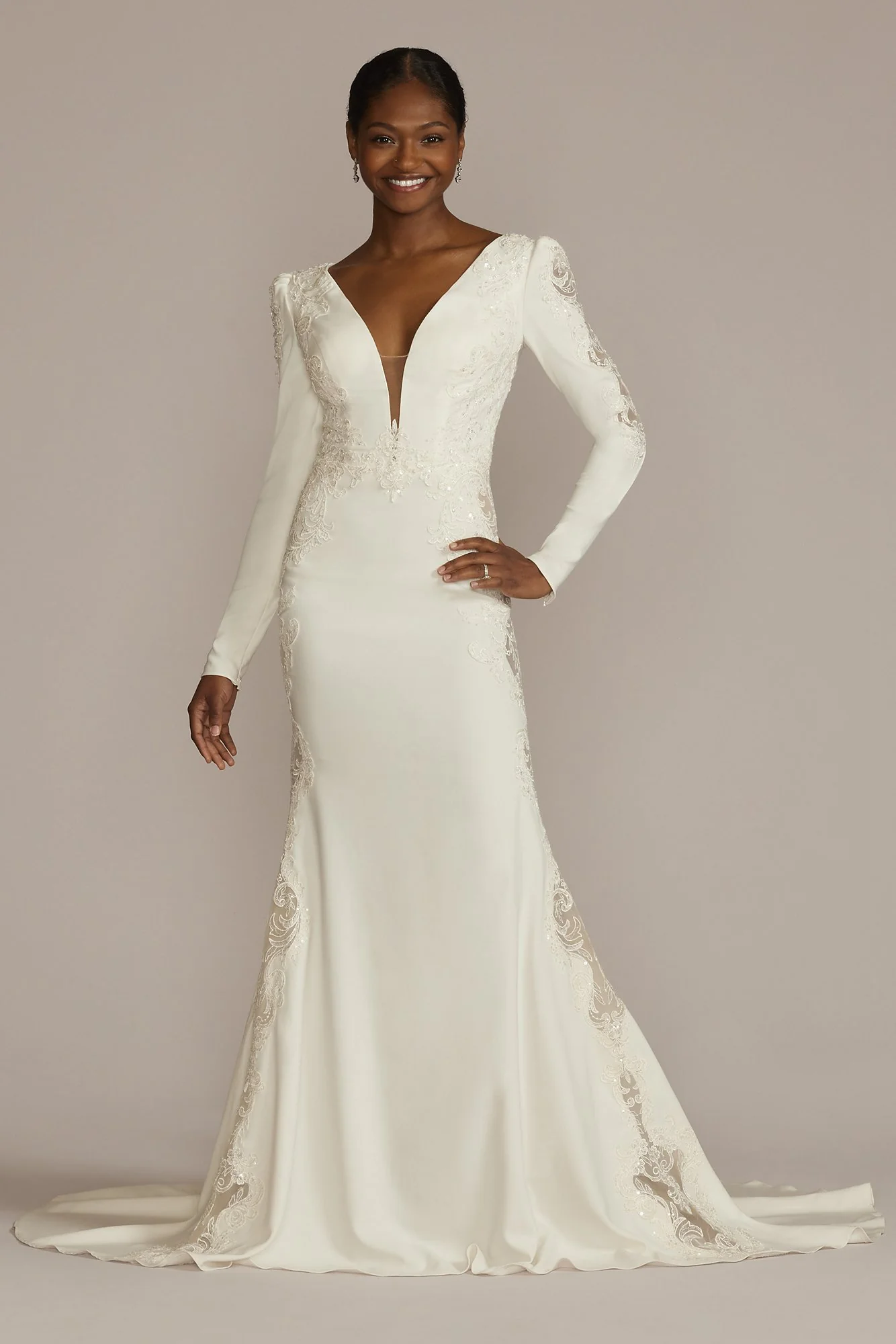 Long Sleeve Crepe Mermaid Gown with Illusion Sides - Image 4