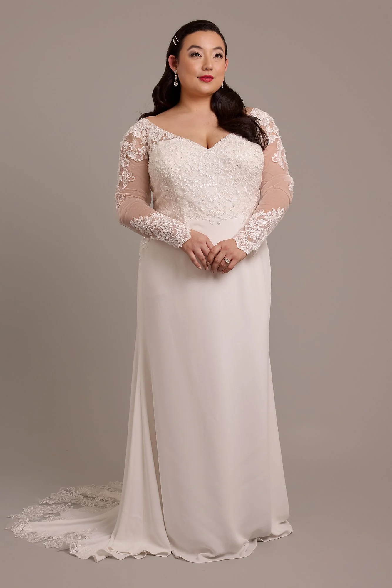 Long Sleeve Crepe Sheath Dress with Lace Appliques - Image 4
