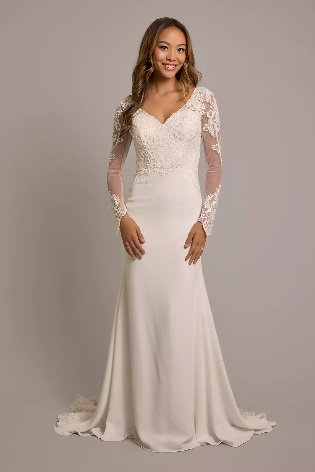 Long Sleeve Crepe Sheath Dress with Lace Appliques - Image 8
